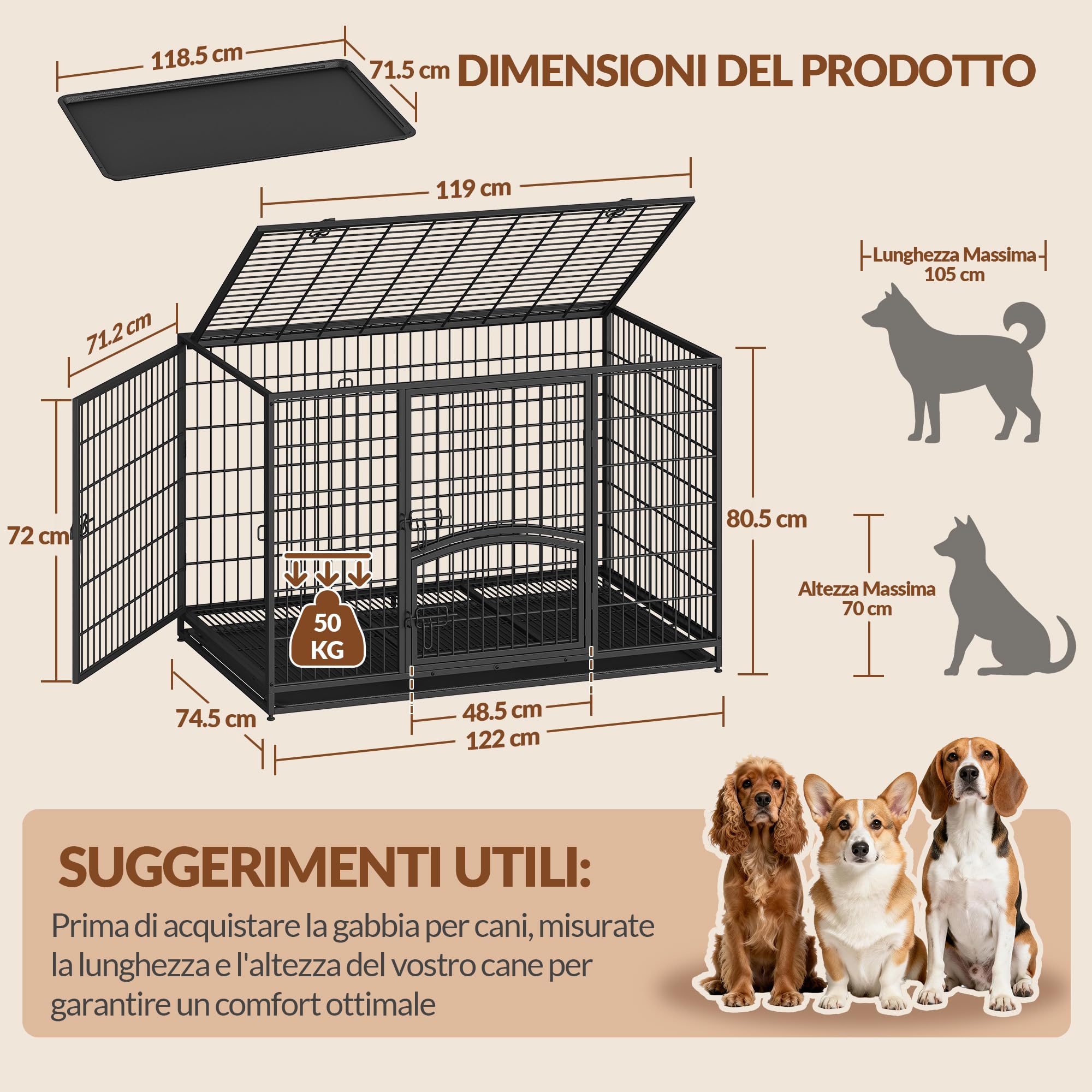 Hundekäfig Hochbelastbar, XXL Gitterbox für Zuhause, 4-Türiger Hundebox Metall mit Seitentür und Herausnehmbares Bodenschale, Leicht zu Reinigen, Haustierkäfig, Schwarz, 122 x 74,5 x 80,5 cm