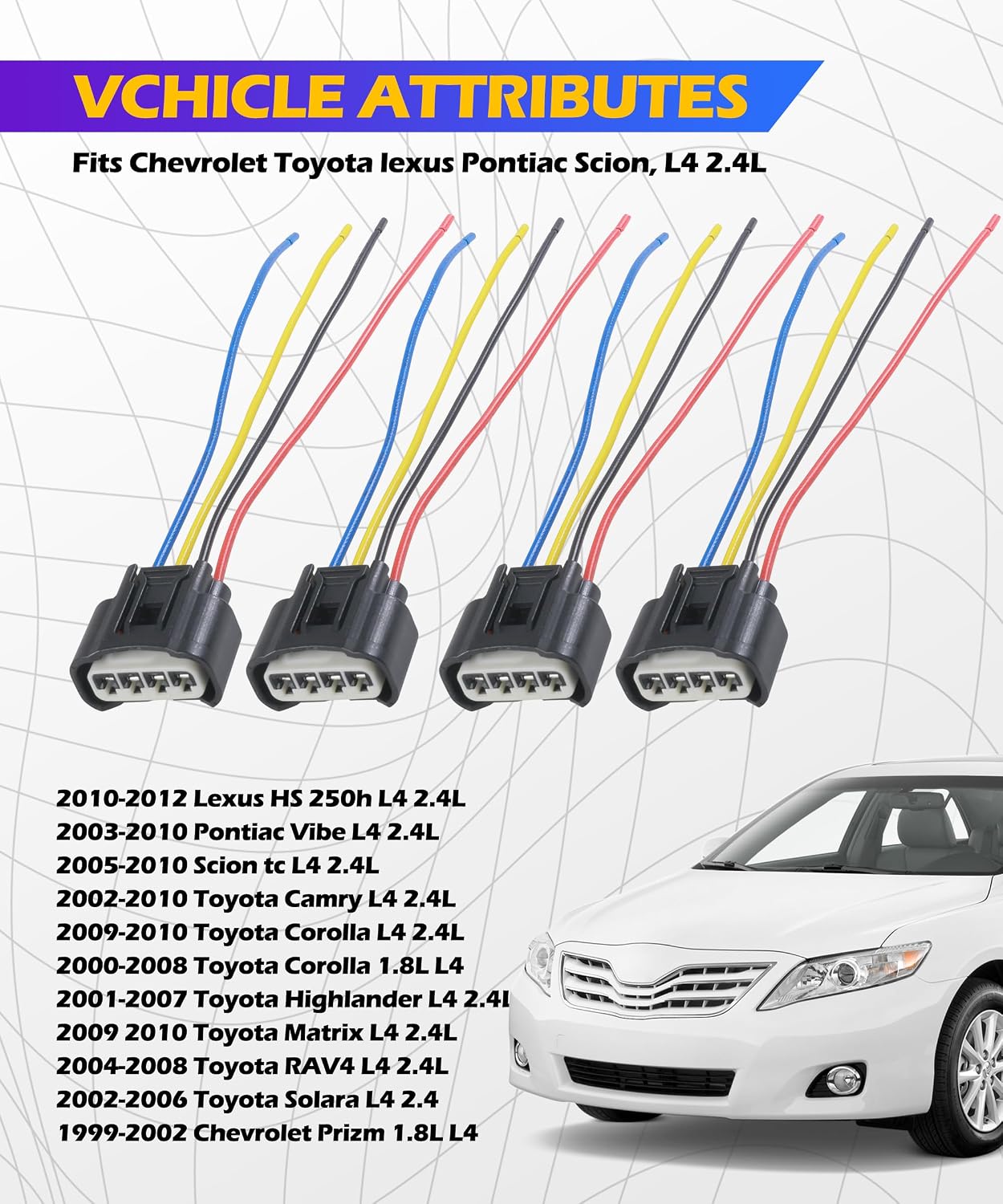SCUARI 4PCS Ignition Coil Connector,Ignition Coil Wire Harness,Car Accessories Ignition Coil Female Connector Plug Harness Pigtail,4 Wire Automotive Coil Winee Cable,Replace #90980-11885 90980-11885