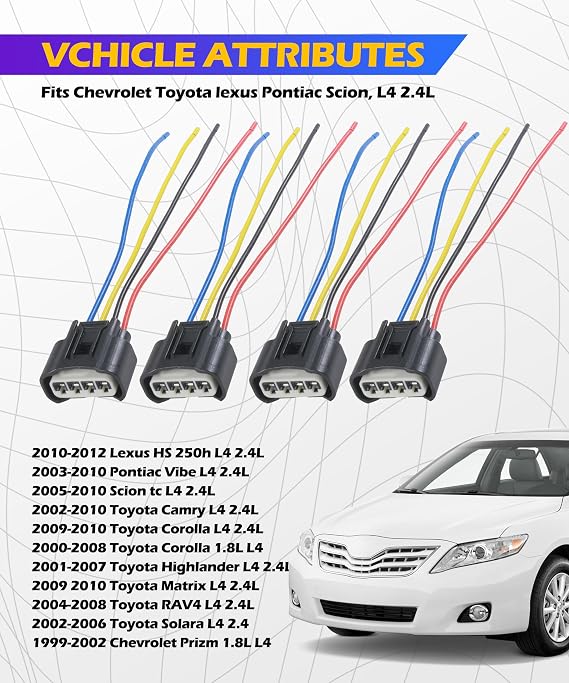 SCUARI 4PCS Ignition Coil Connector,Ignition Coil Wire Harness,Car Accessories Ignition Coil Female Connector Plug Harness Pigtail,4 Wire Automotive Coil Winee Cable,Replace #90980-11885 90980-11885