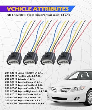 SCUARI 4PCS Ignition Coil Connector,Ignition Coil Wire Harness,Car Accessories Ignition Coil Female Connector Plug Harness Pigtail,4 Wire Automotive Coil Winee Cable,Replace #90980-11885 90980-11885
