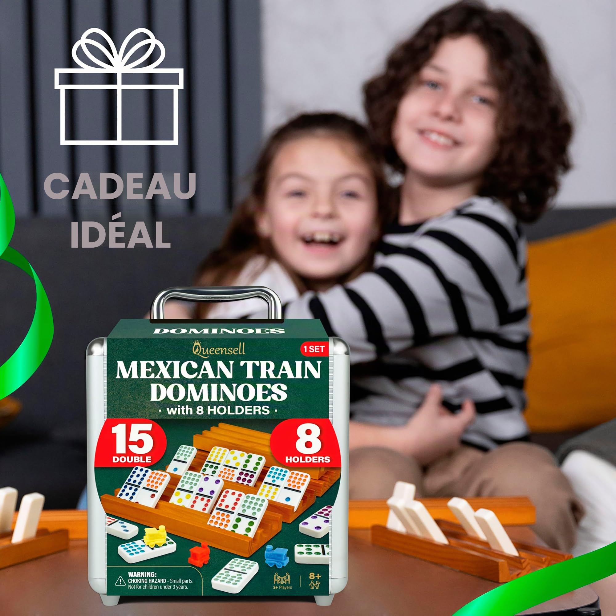 Queensell Set de Dominos Mexicains Double 15 avec 8 Supports - Moyeu et Porte-Jetons en Bois - Double 15 avec Points (D15 + 8 Supports)