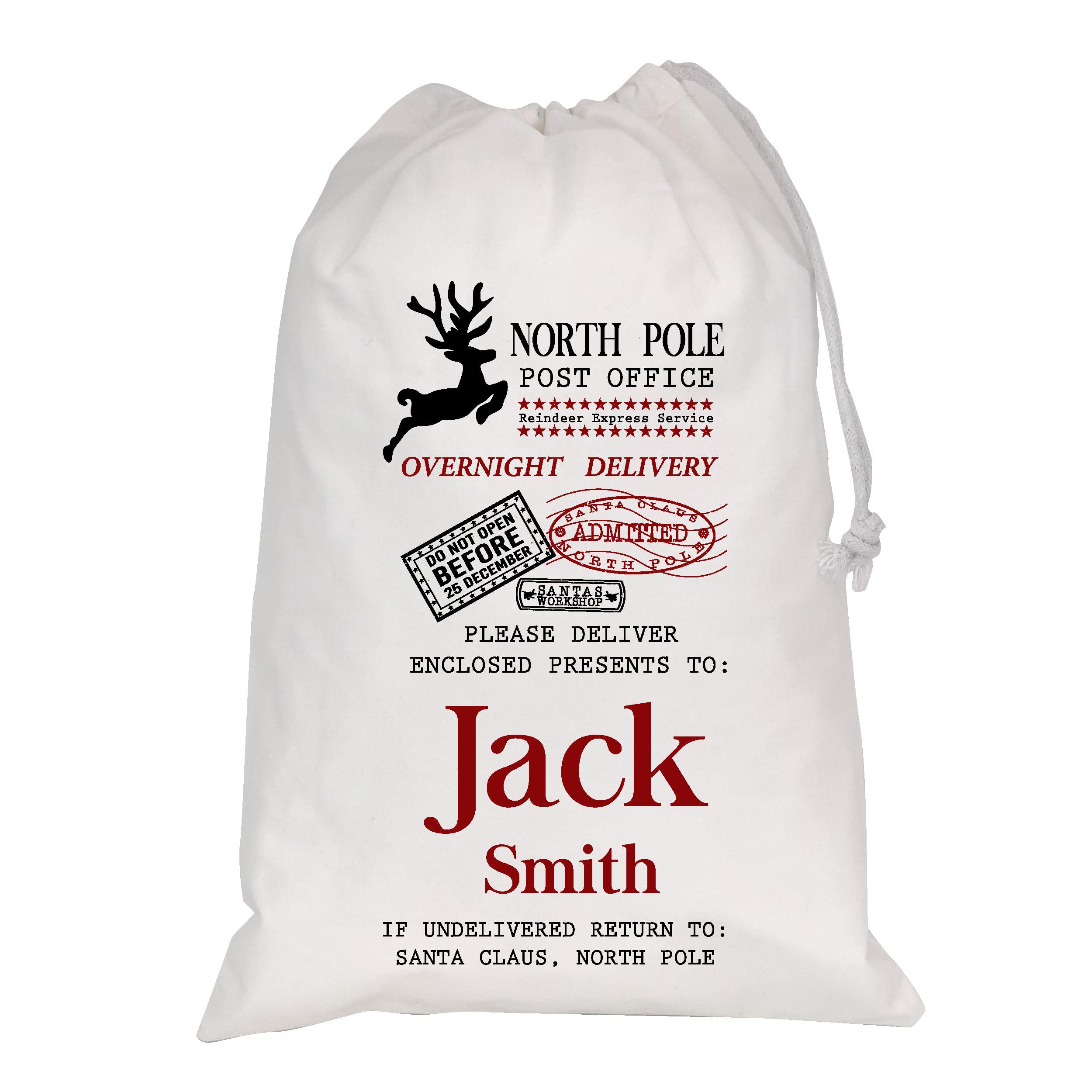 Personalised Christmas Santa Sack Xmas Reindeer Santa Sack Custom Name Santa Gift Bag for Kids & Adults Festive Large Reusable Sack Holiday Present Bag (White Sack - North Pole Post Office)
