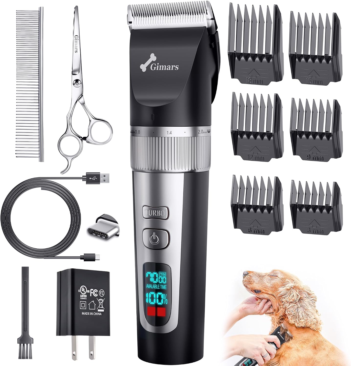 Gimars Professional 7000rpm Low Noise 55db Cordless Rechargeable Dog Clippers, 3.0 Motor Powerful Dog Long Hair Trimmer Grooming Shaver Kit, Home Electric Pet Hair Clippers for Cat, Horse
