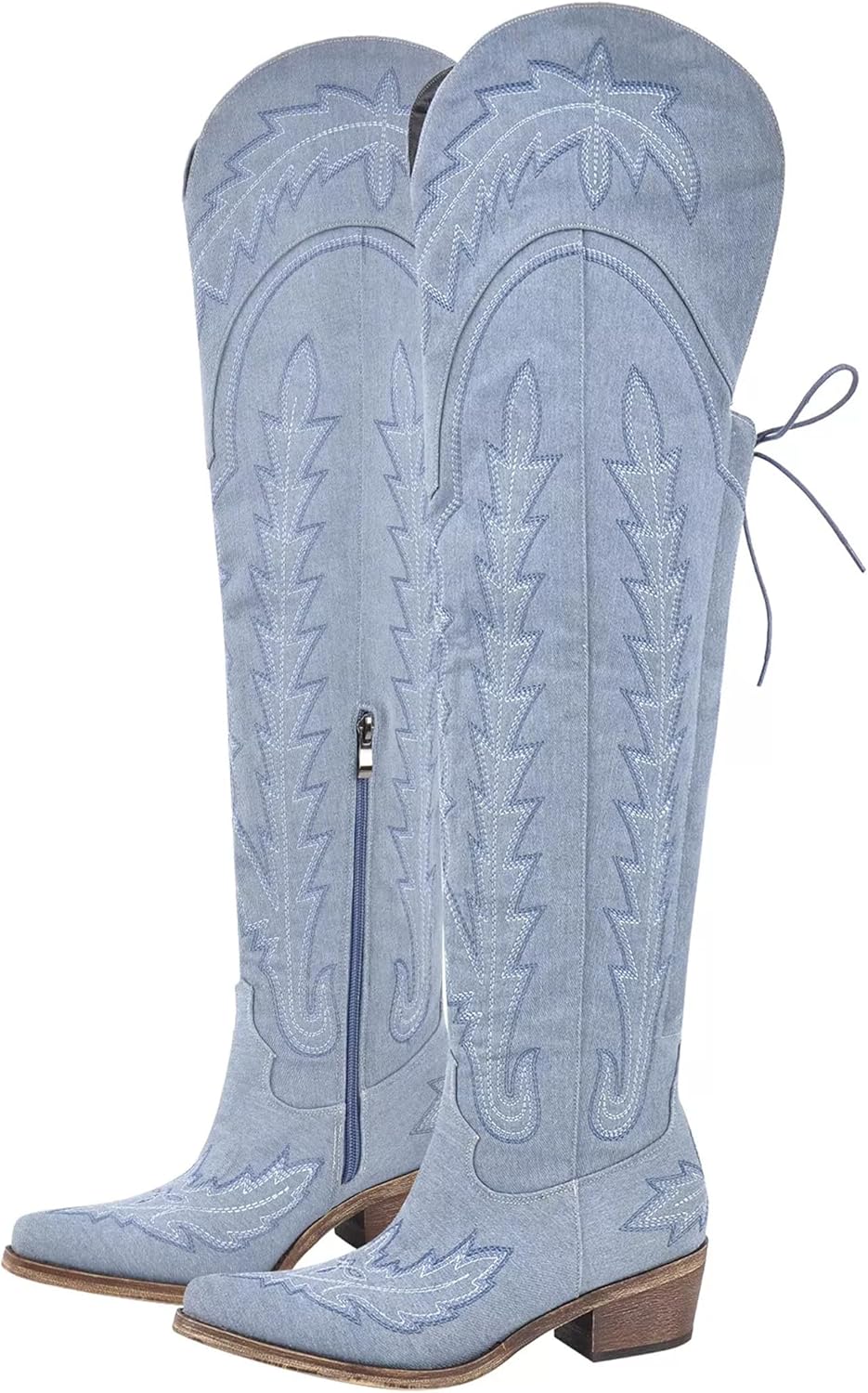 Women's Over The Knee Cowboy Boots Embroidered Western Boots Lace up Cowgirl Block Heeled Thigh Boots