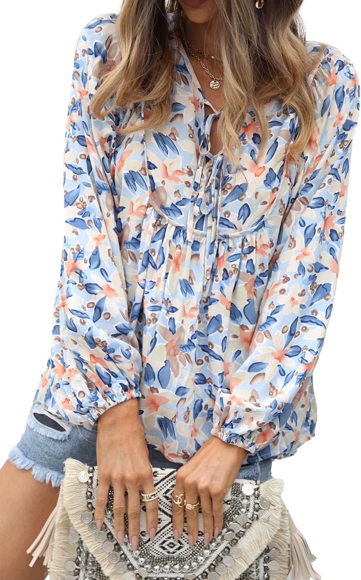 PRETTYGARDENWomens Tie V Neck Long Sleeve Babydoll Peplum Tops