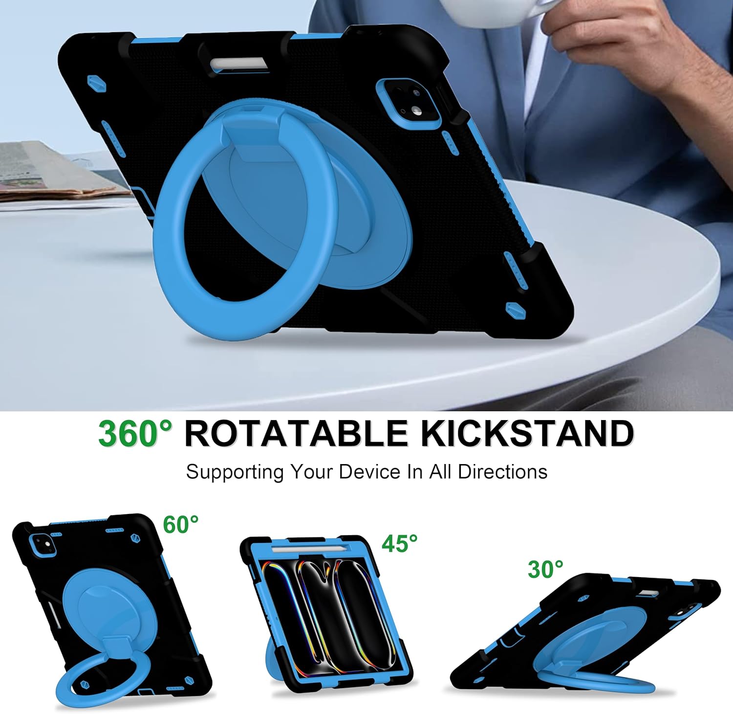 Andnary Case for iPad Pro 11 Inch M4 2024/M5 2025 Case, Heavy Duty Shockproof Cover with Screen Protector/360° Rotate Stand/Shoulder Strap/Pencil Holde (Black+Blue, iPad Pro M4/M5 11 inch)