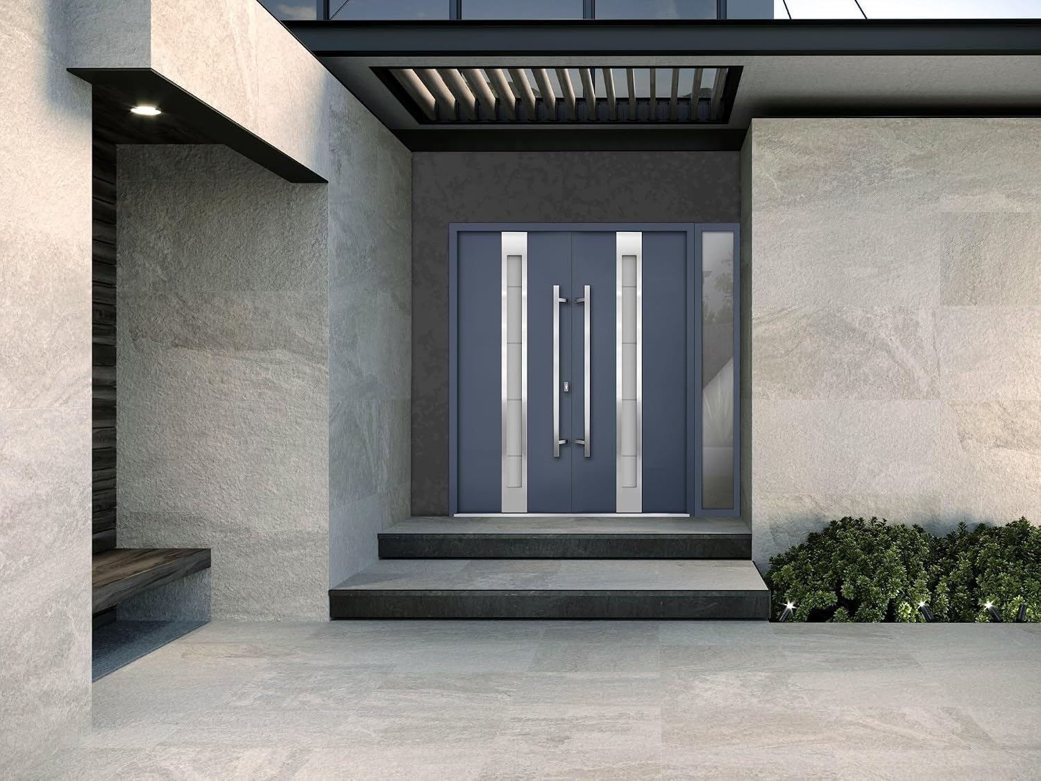 VDOMDOORS Front Exterior Prehung Metal Double Doors/Deux 1717 Gray Graphite Frosted Glass/Sidelite Exterior Window/Entry Modern Painted Right Inswing Active Door 88" x 80"