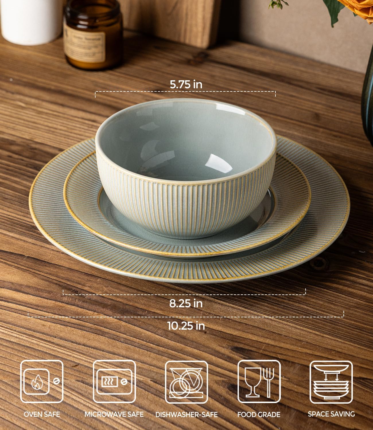 TheTerra Stoneware Dinnerware Sets for 4, 12 Pieces Ceramic Plates and Bowls Sets, Scratch Resistant Embossed Dish Set, Oven, Microwave & Dishwasher Safe, Desert Sage