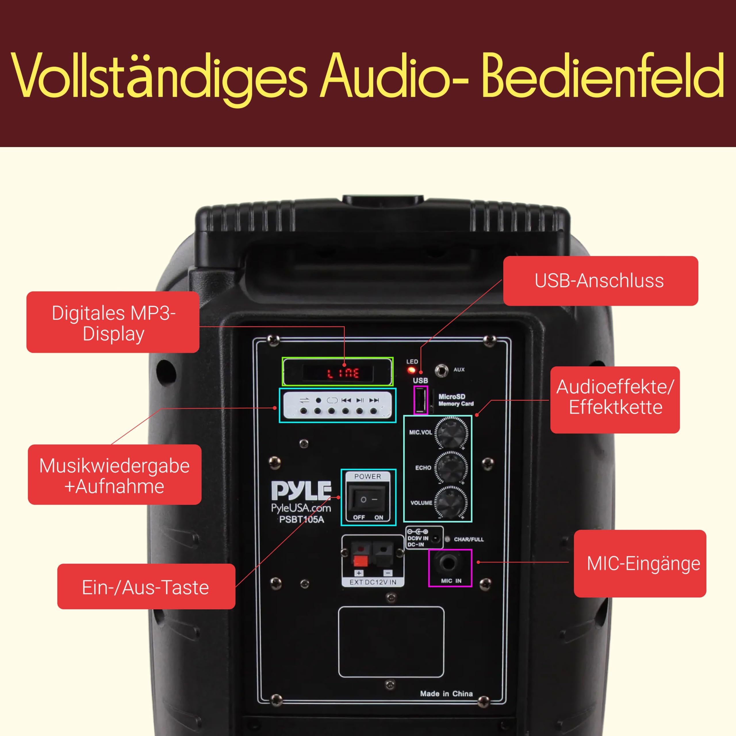 Pyle Musikbox Bluetooth Groß, Party Lautsprecher- 1000W, Partybox- mit Mikrofon, Soundbox- 10” Subwoofer, PA Anlage- Komplettset, Karaoke Maschine- LED Akku Anzeige, Party Speaker- MP3/USB/SD