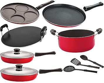 NIRLON Non Stick Coated Aluminium Cookware Utensil Combo Set Offer, Red, 9 - Piece [26_FT13_FP12_FP13_RT_Cass20_UP4_3SPN]