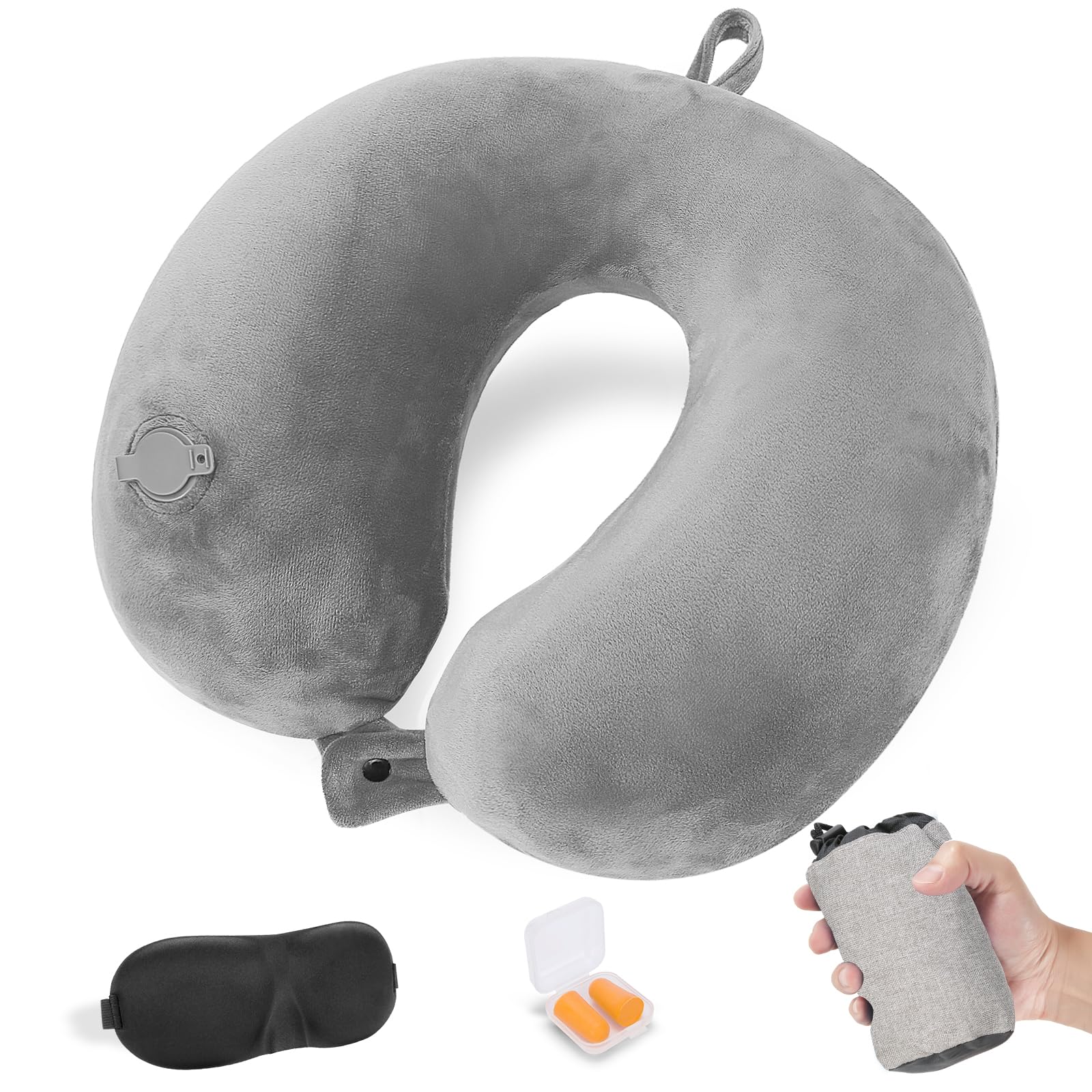Cirorld Cirorld Almohada de Viaje Hinchable, Cojin de Viaje Cuello para Avión y Coche, Inflable Cojin Cervical Viaje, Ultraligero y Compacta, con Máscara de Ojos, Tapones y Bolsa, Gris