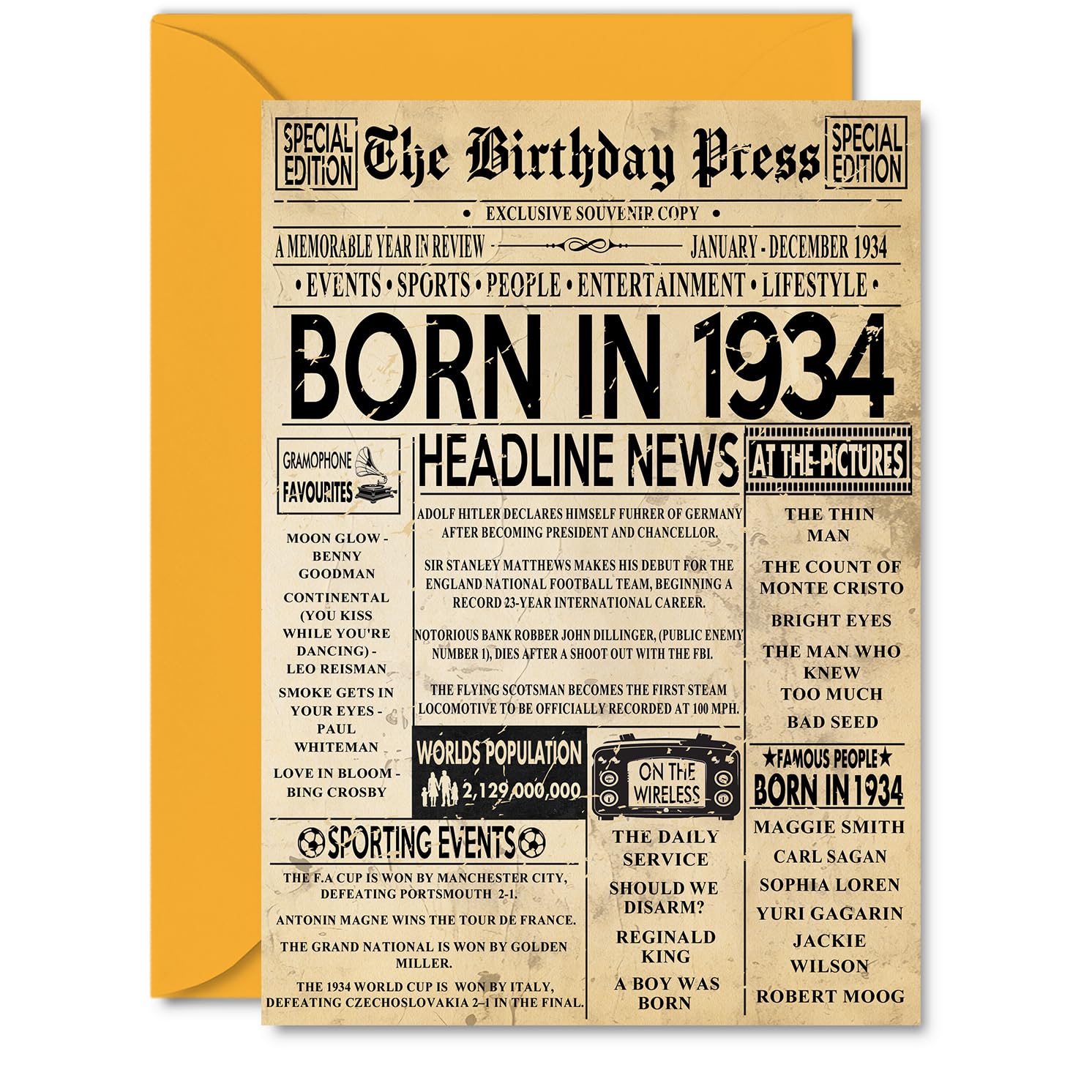92nd Birthday Card for Men Women - Bday Press Newspaper 1934 - Happy 92 Birthday Cards for Nanny Nan Grandma Grandad Husband Wife, A5 Bday Greeting Cards
