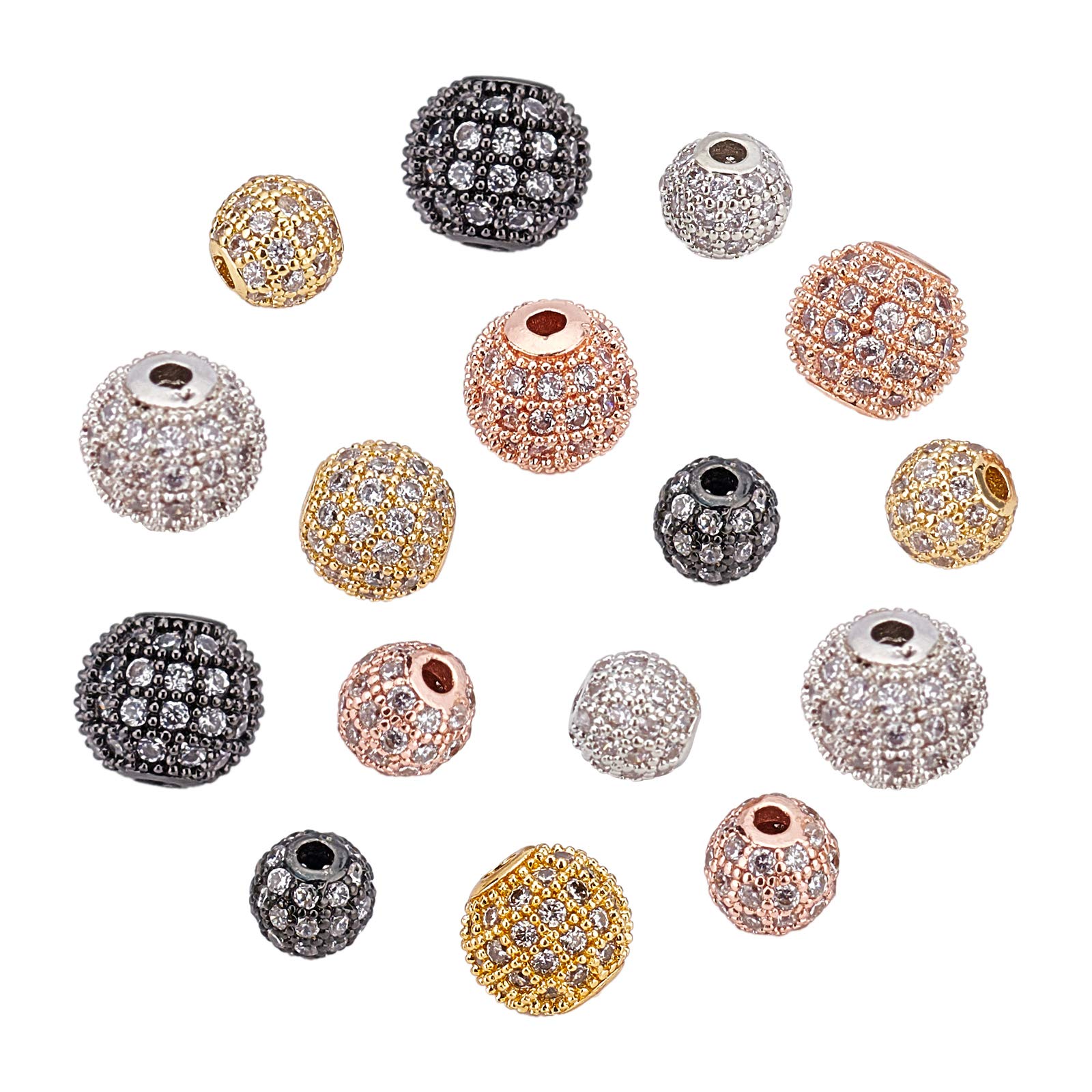 NBEADS 16 Pcs Cubic Zirconia Beads, 4 Colors 6mm/8mm Brass Clear Gemstones Spacer Beads Round Charms Pave Micro CZ Stones Disco Ball Beads for Jewelry Making DIY Craft