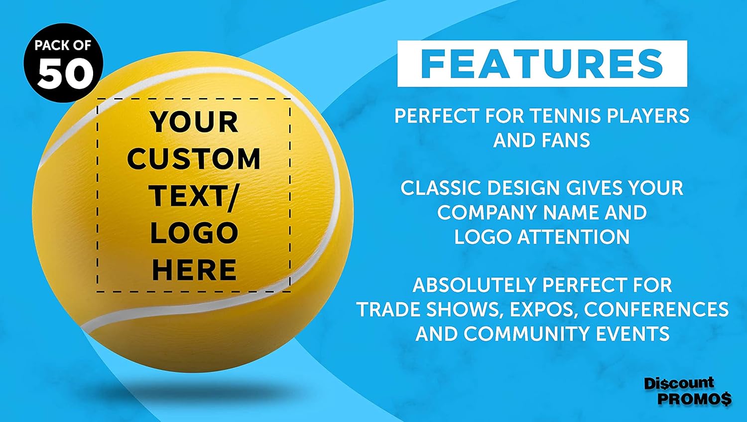 DISCOUNT PROMOS Custom Tennis Ball Shaped Squeeze Balls Set of 50, Personalized Bulk Pack - Perfect for Promotional Giveaways - Yellow