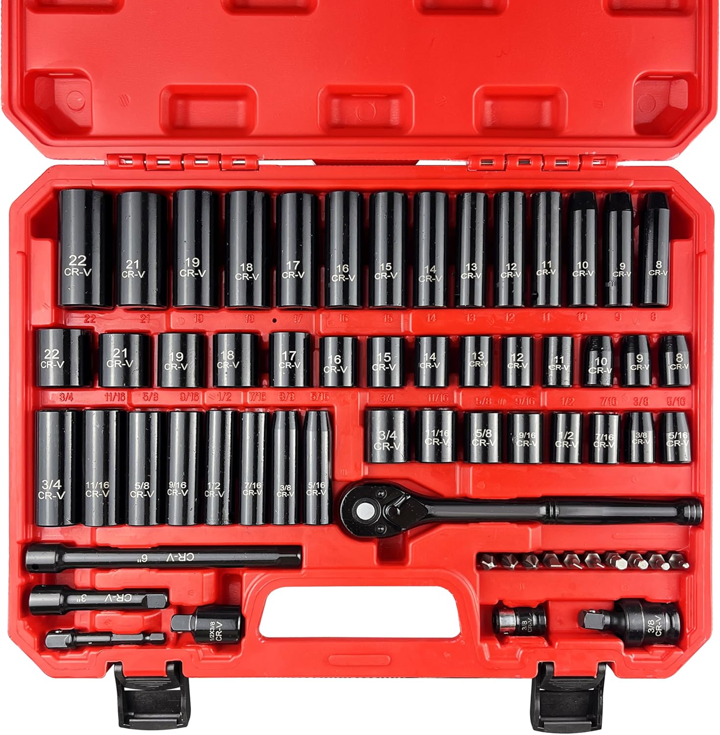 61pcs 3/8" Socket Set, Drive Deep Impact Socket Set, Including 3 ", 6" Impact Extension Bar, Standard SAE (5/16 to 3/4) and Metric (8mm-22mm), Sandblasting,Impact Coupler,RatchetHandle,Cr-V Steel