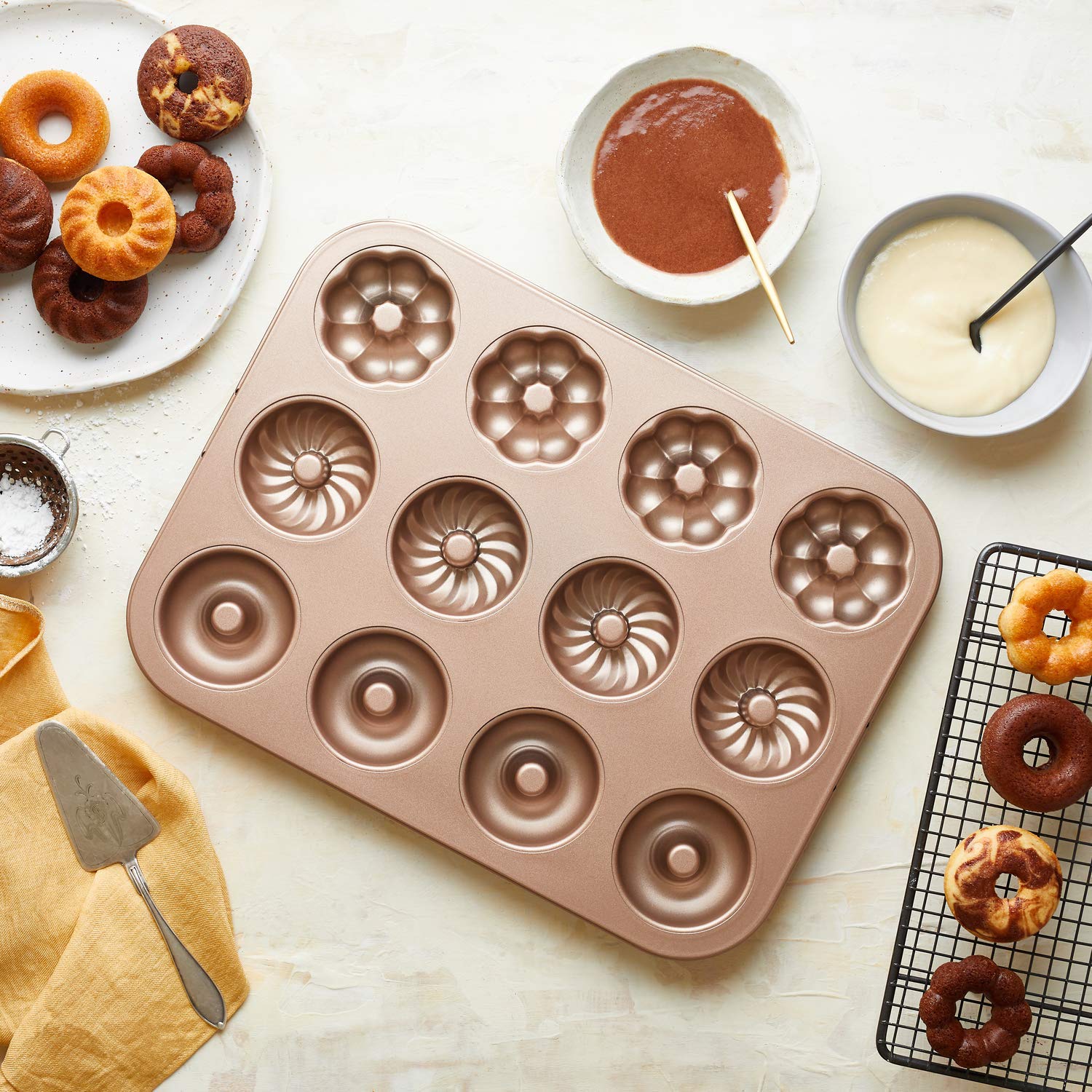 Donut Pan |Bundt Pan 12 cups| Muffin Pan and Cupcake Tray & Donut Pan |Champagne Gold, Heavy Carbon Steel, Non-stick Pan