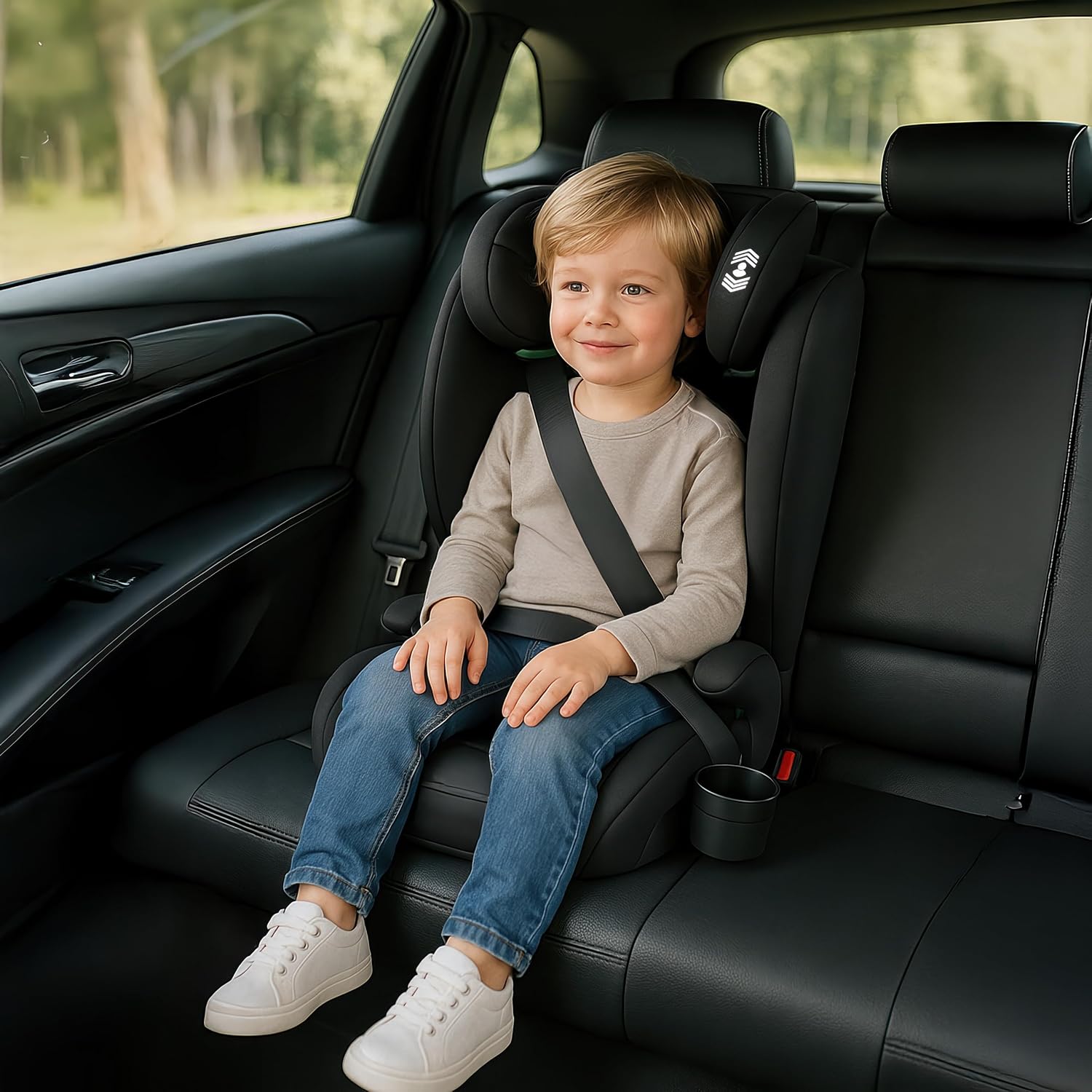 Tulano Joy 20 Автокресло i-Size для детей ростом 100–150 см с базой | 13-позиционный подголовник — Установка с помощью ремней безопасности в любом автомобиле — Подстаканник и солнцезащитные козырьки — Черный