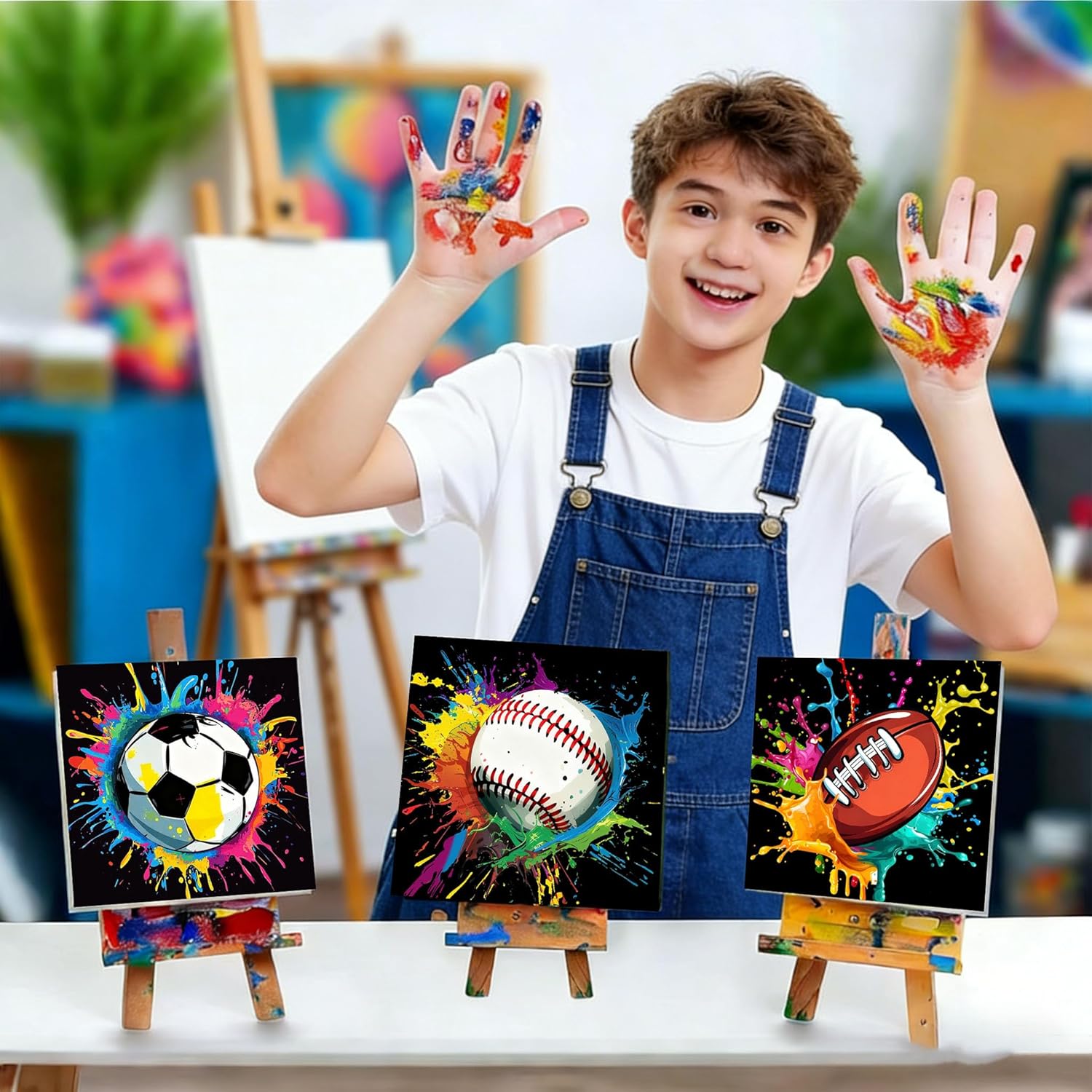 Pack of 4 Paint by Numbers Children from 10 Years Boy, Football Cartoon Paint by Numbers with Frame and Wooden Easel, DIY Sports Painting by Numbers on Canvas, Gift Decoration for Home, 20 x 20 cm
