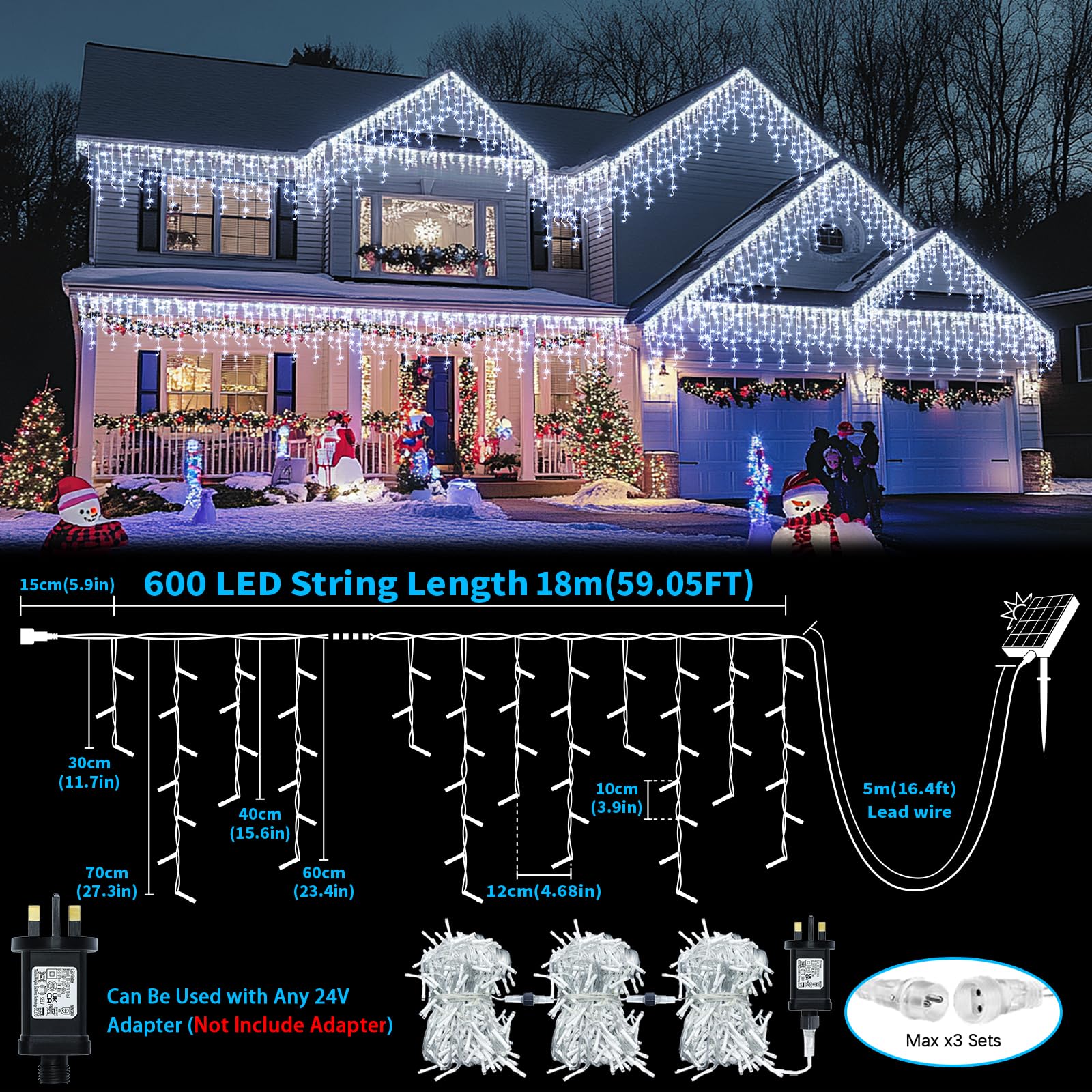 RJEDL Outdoor Solar Christmas Icicle Lights 18+5m/75.5ft 600 Led Solar Icicle String Lights with USB Port & Remote Control Hanging Lights Waterproof for Outside Backyard Balcony Decor - Image 2