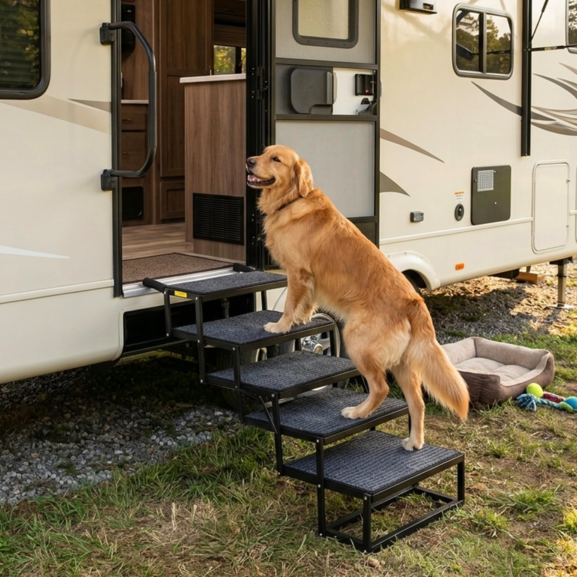 Thanaddo Hundetreppe Auto, 5-stufige Hundetreppe 80 cm für Große Hunde mit Teppich, Hunderampe Auto klappbar Extra Stabile Höhenverstellbar, Leichte Rampe Hund für alle Autos geeignet, bis zu 100KG