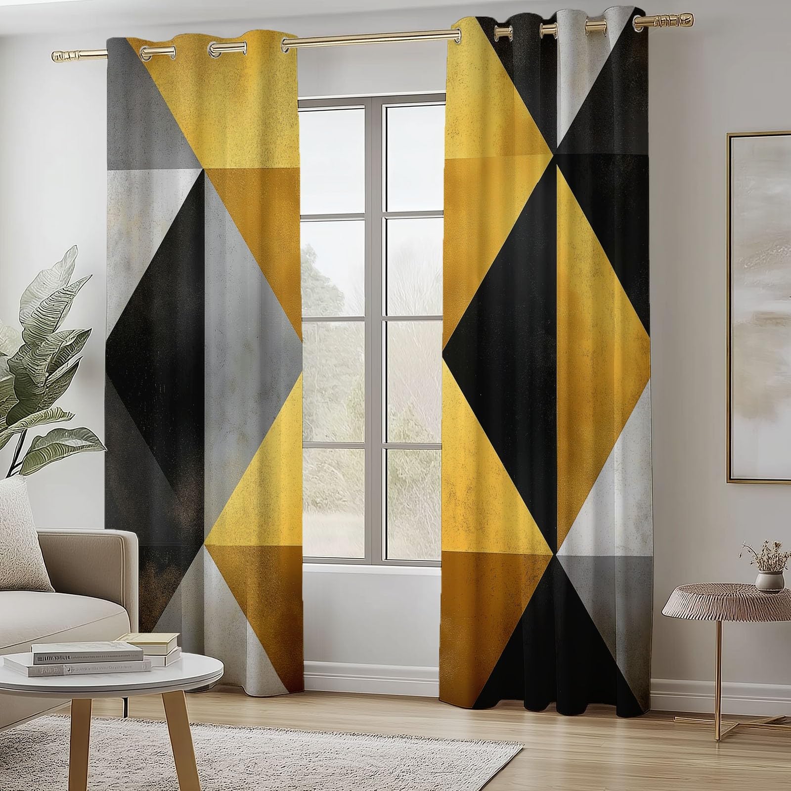 Rideaux Isolants 110L X 215H cm (2 Panneaux), Design Triangles géométriques Abstraits Tenture Opaque Anti-Chaleur pour Chambre Principale, Or Gris