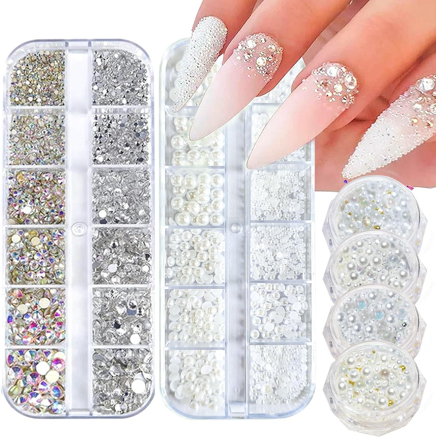 SILPECWEE 6 Boxes Flat-back Rhinestones and Pearls, 3D Nail Charms for Acrylics Nails, Clear&AB Crystals, Half Rounds Nail Pearl, Mermaid Beads, Metal Caviar Beads, Nail Art Decoration Supplies