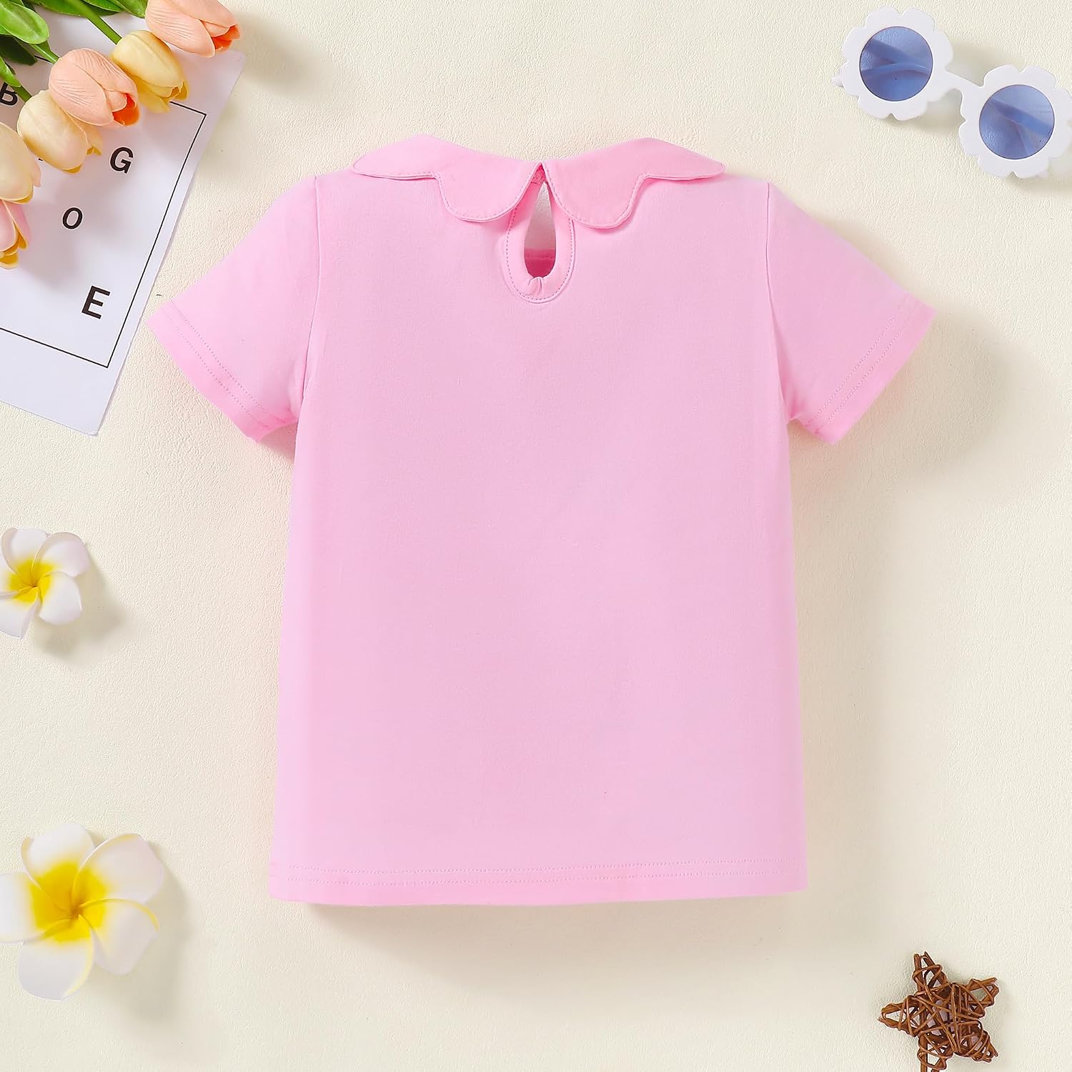 2-8Y Girls Peter Pan Collar Short Sleeve Top Cute Scalloped Collar Cotton Blend Tee for Kids Casual School T-Shirt