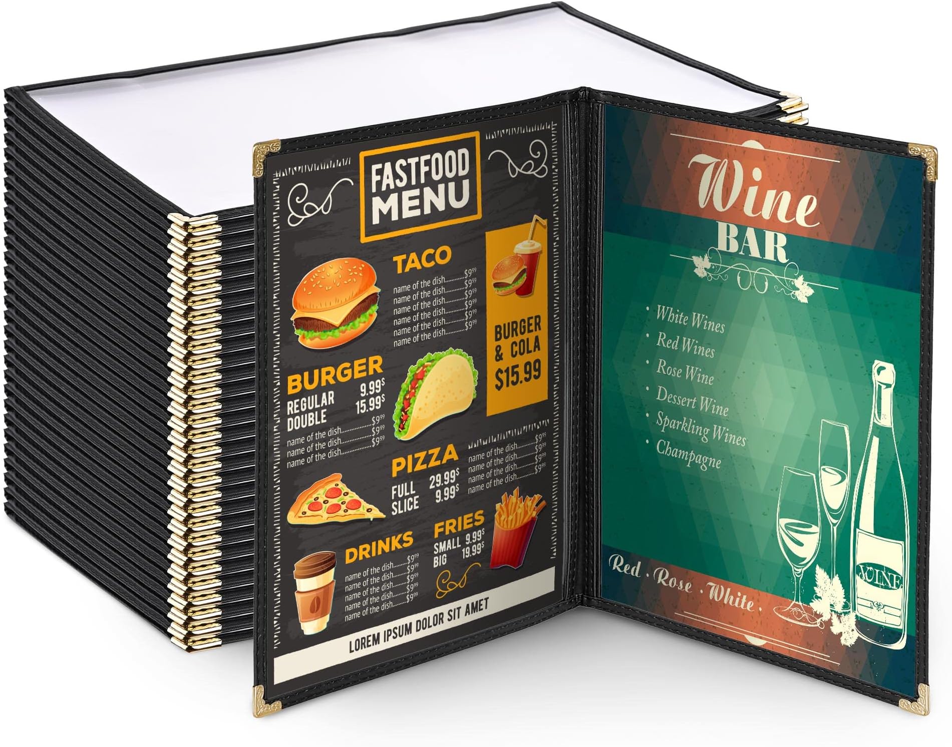 WeChef 30 Pack 8.5" x 14" Restaurant Menu Covers Double Fold 2 Pages 4 Views PVC Transparent Restaurant Menu Holder Book Cafe Hotel Bar Black