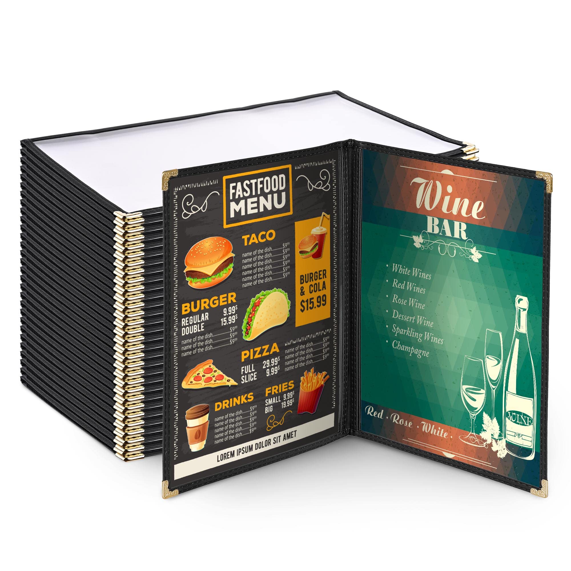 WeChef 30 Pack 8.5" x 14" Restaurant Menu Covers Double Fold 2 Pages 4 Views PVC Transparent Restaurant Menu Holder Book Cafe Hotel Bar Black