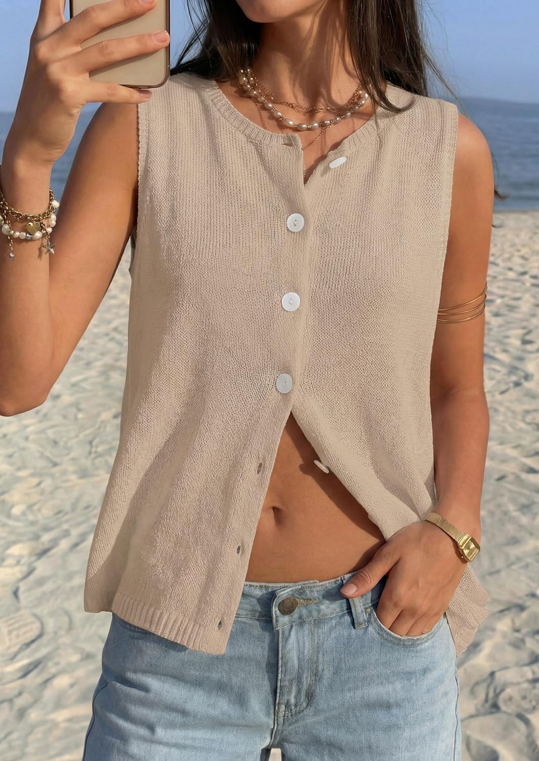 PRETTYGARDEN Vest Tops for Women 2026 Summer Sleeveless Sweater Tops Spring Trendy Knit Vests Cute Button Up Cardigan - Image 4