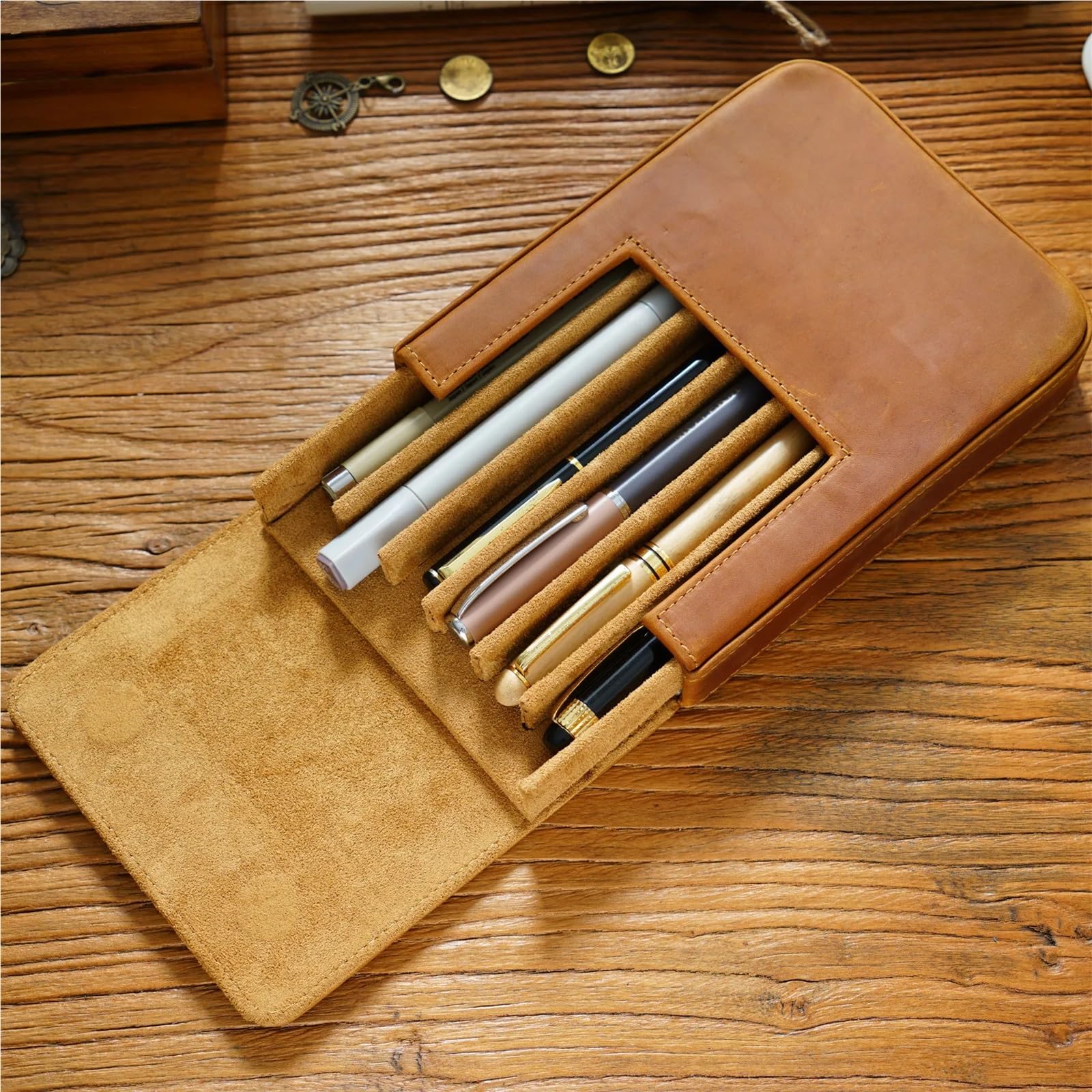 Estuche de Cuero Organizador de cajones magnético de Cuero Hecho a Mano con 6 Ranuras, Caja de Almacenamiento de 13 x 16,5 x 3 cm(Red)
