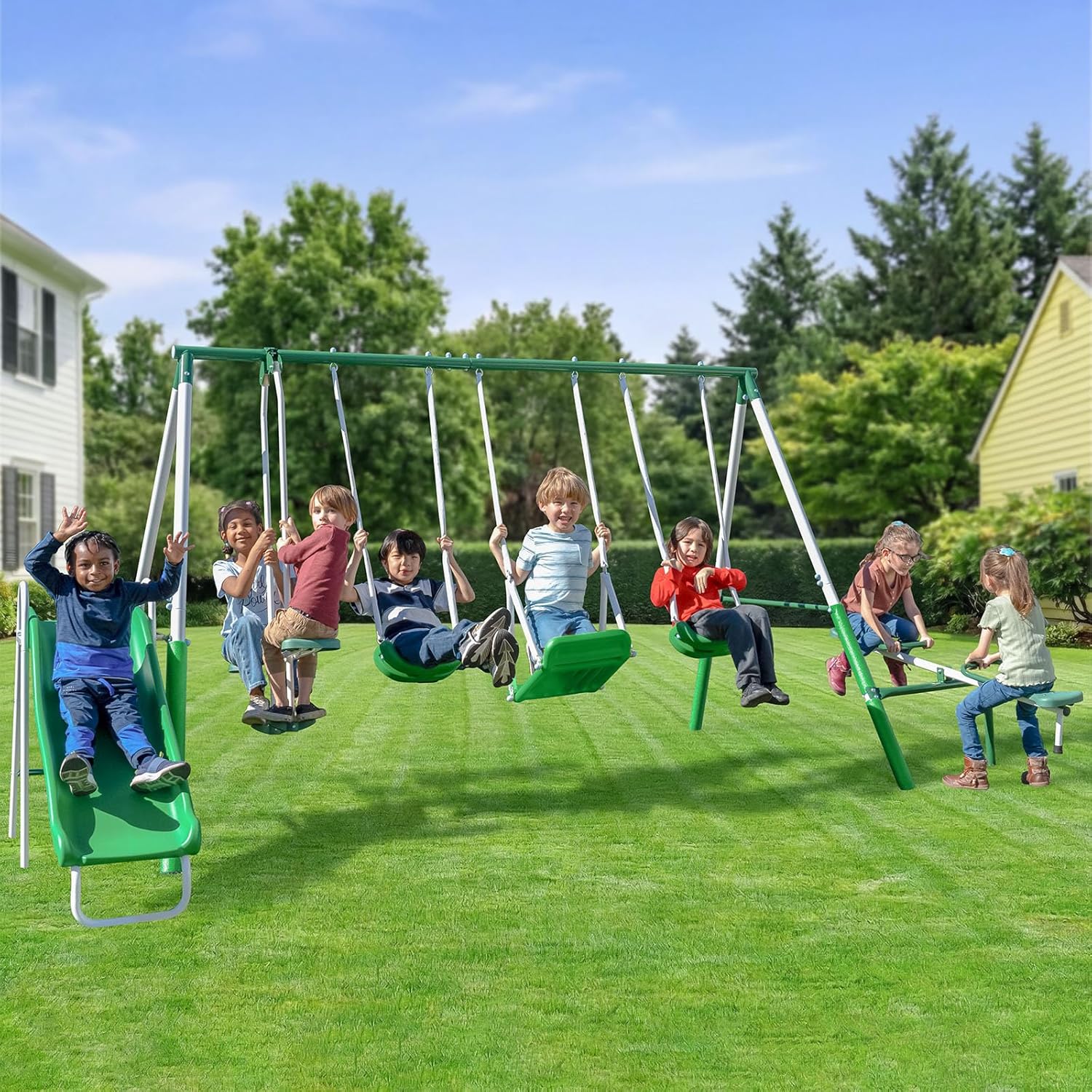 Sportspower Park Ridge Metal Swing Set for Kids Ages 3-8 – 2 Swings, Standing Swing, Roman Glider, Teeter Totter, 5ft Slide, 6.1' Durable Steel Frame, Anchor Kit, 800 lbs Capacity