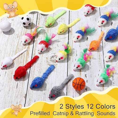 Miniatura 7 de Syhood 120 piezas de ratones de piel para gatos, juguetes de ratón de hierba gatera con sonido de sonajero para gatos, mini ratones para mascotas de