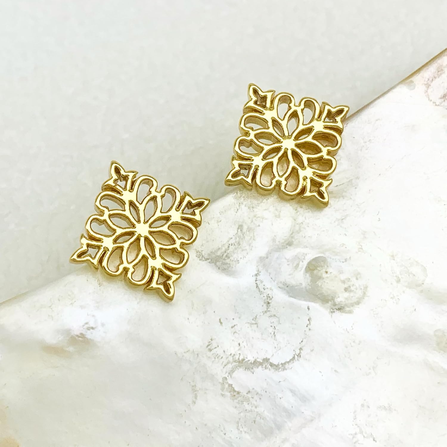 Square Chunky Golden Stud Earrings for Women | 18K Gold Plated Flower Studs Earrings - Image 7