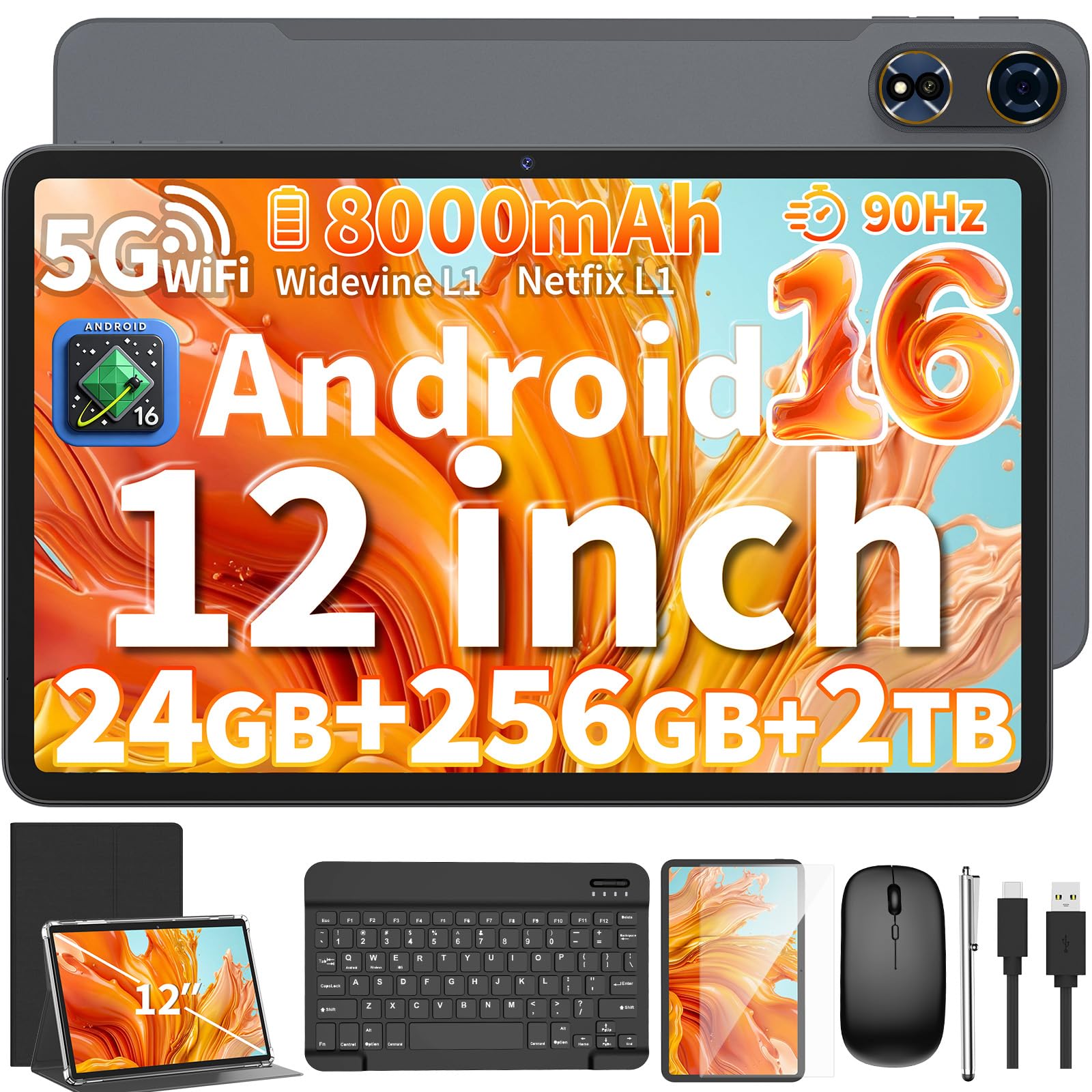Android 16 Tablet with Keyboard - 12 Inch Tablets, Black Case