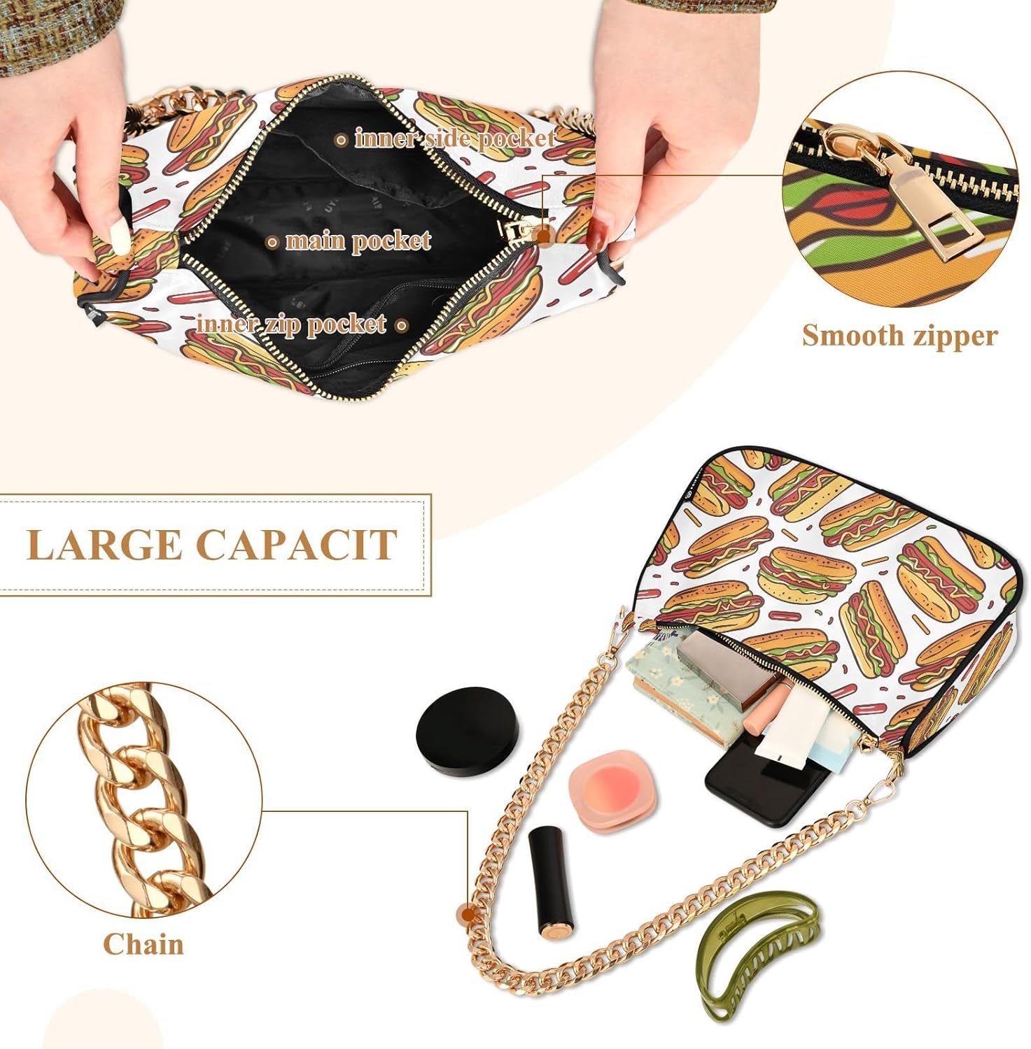 Chain Shoulder Bag Hobo Tote Handbag Mini Clutch Purse with Zipper Closure for Women
