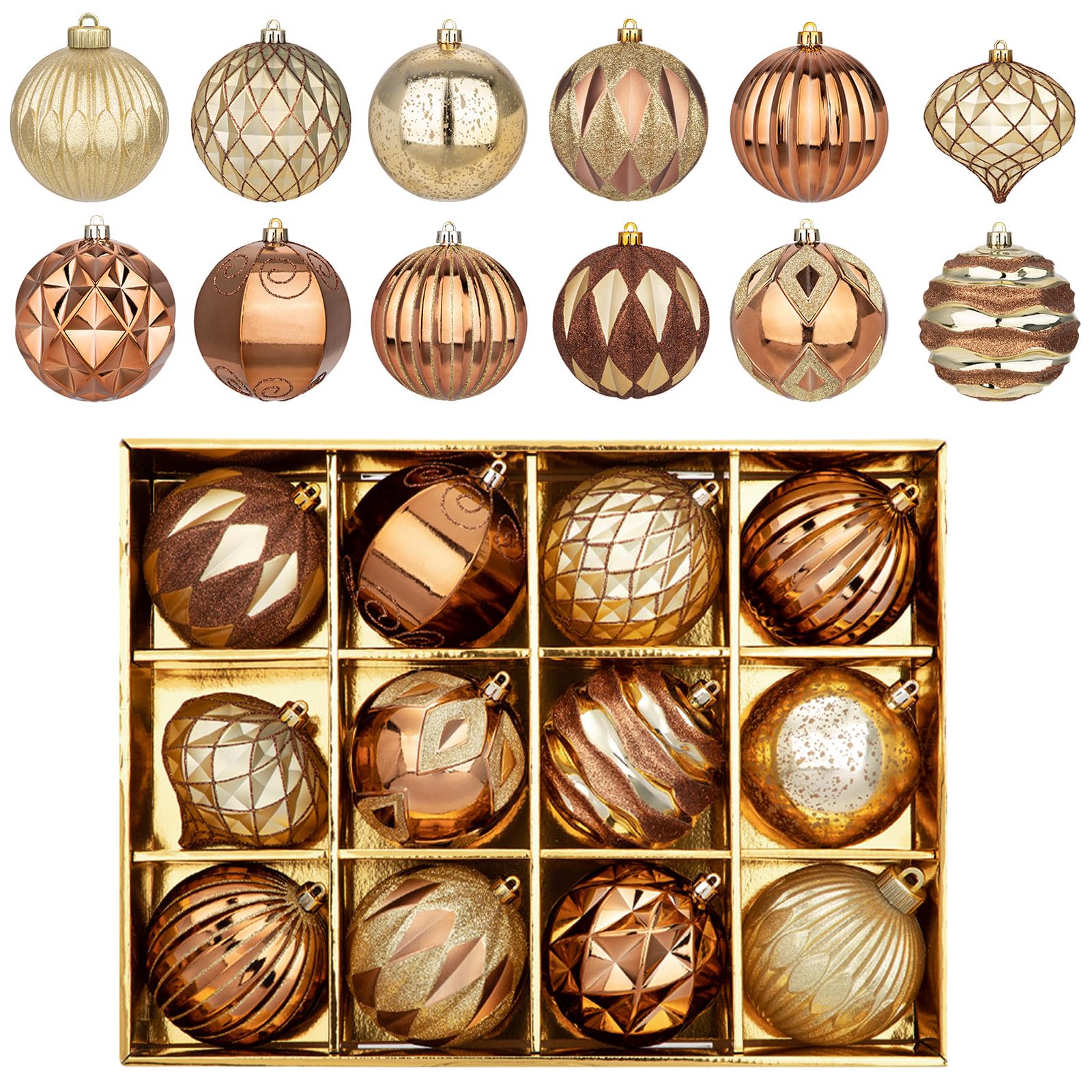 Oairse 10cm/4" Gold and Bronze Large Christmas Baubles Ornaments Set 12 pcs Shatterproof Hanging Ornaments Big Baubles for Christmas Tree Decorations for Xmas Trees Home Holiday Wedding Party Decor