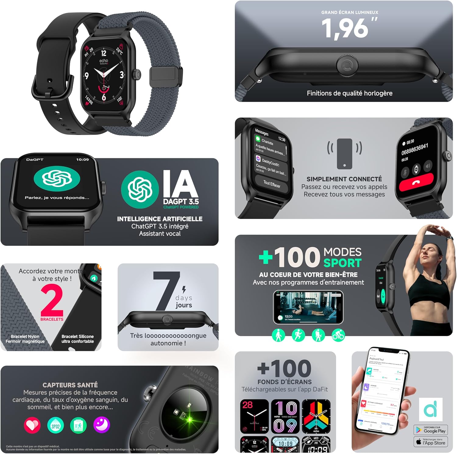 ECHO Rainbow Pro S Smartwatch showing AI assistant, call features, and custom watch faces