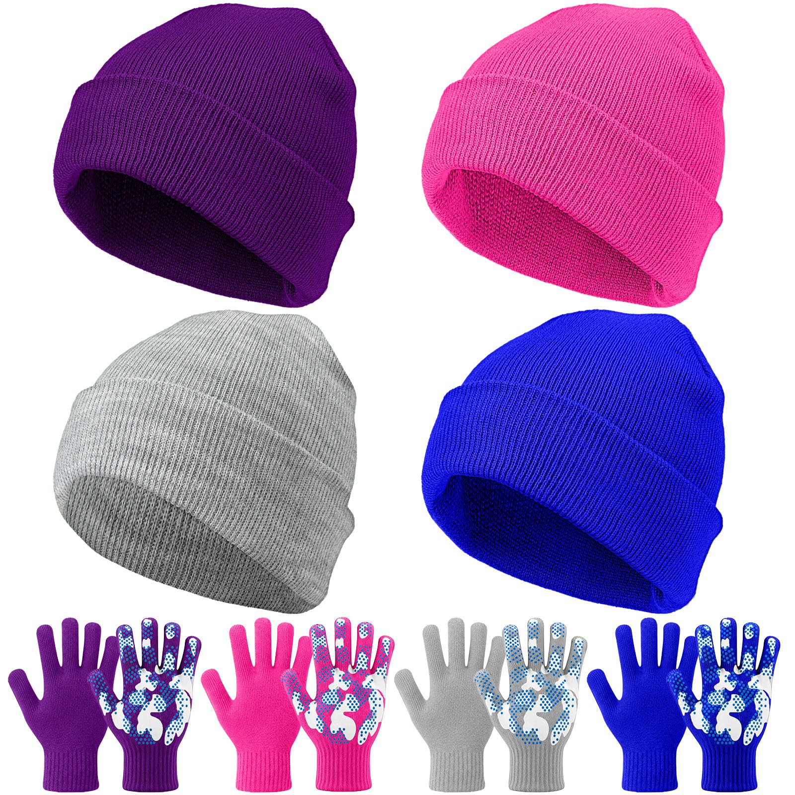 Evervibe 8 Pack Kids Beanie Hats and Gloves Set Knitted Beanies Hat Warm Stretch Gripper Gloves Winter Hats for Boys Girls