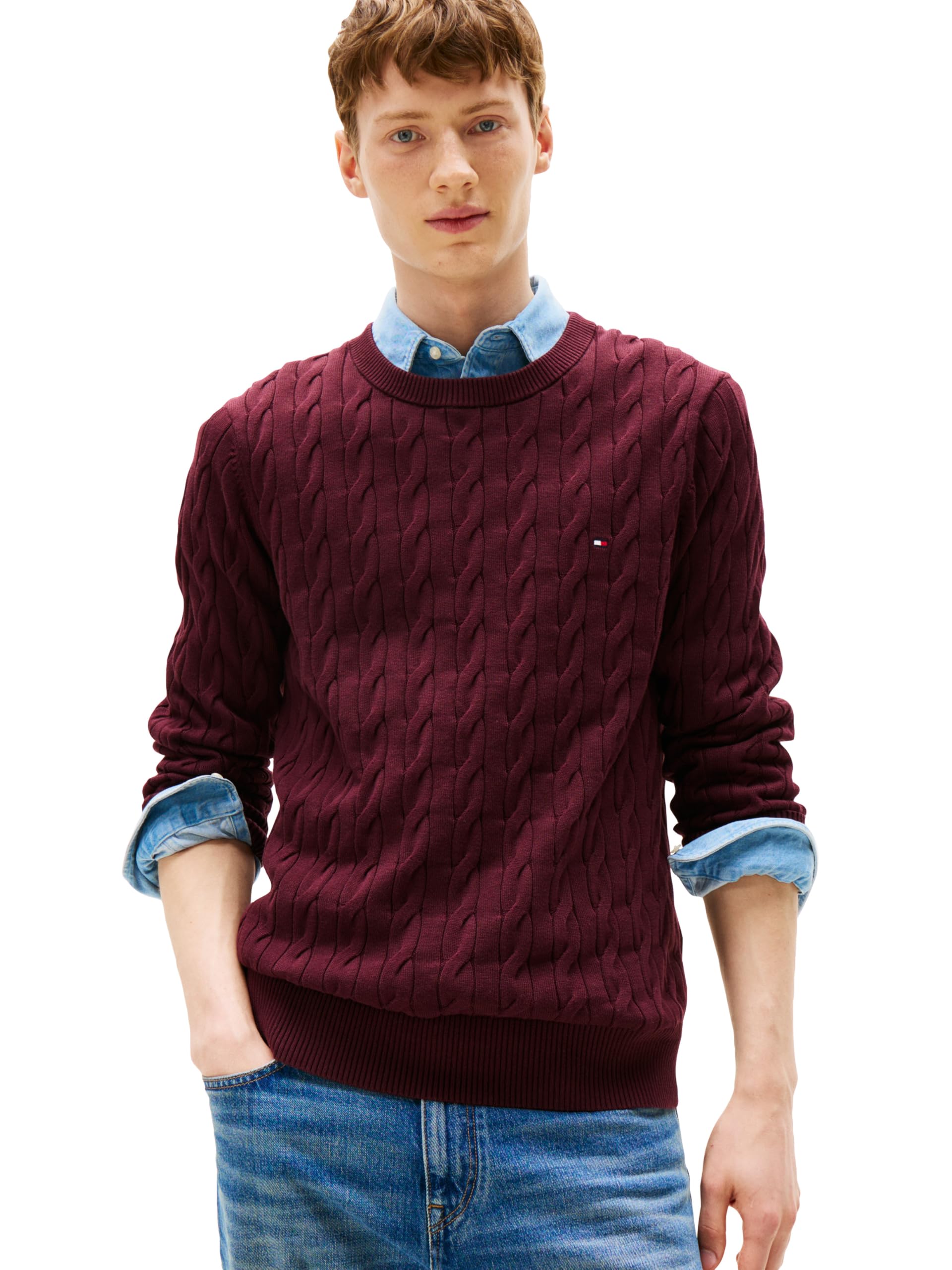 Tommy Hilfiger Men's Deep Burgundy Cable Knit Crewneck Sweater Lightweight Pullover, Xl