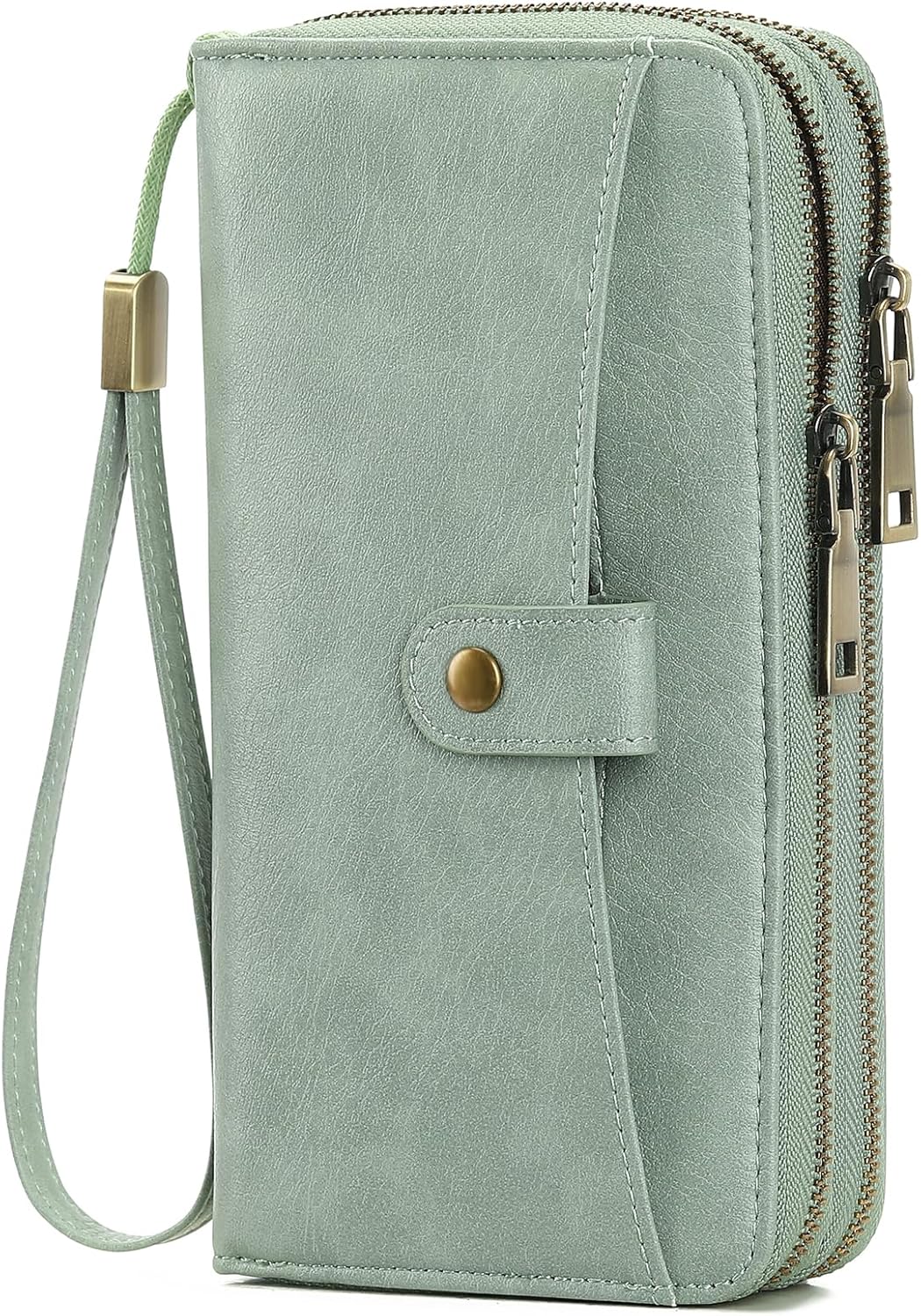 GAEKEAO Womens Wallet Large Capacity Double Zipper Ladies Card Phone Holder RFID Blocking Leather Clutch Wristlet Grip Strap