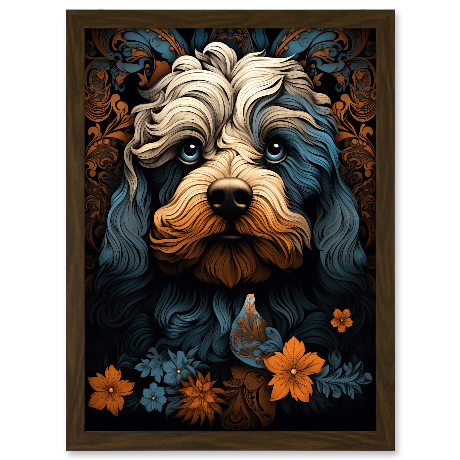 Artery8 Cockapoo Dog with Flower Patterns Art Nouveau Artwork Orange Blue Floral Portrait Design Artwork Framed A3 Wall Art Print
