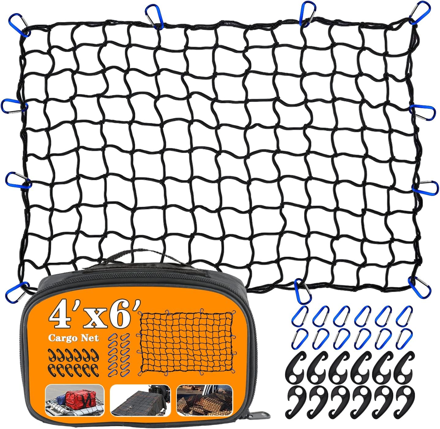 4โx6โ Truck Cargo Net Expands to 8' x 12' with 4"x4" Mesh Grid Super Duty Bungee Heavy Duty Bed Netting for Truck Bed Stretches with 12 Adjustable Metal Carabiners by Cenipar