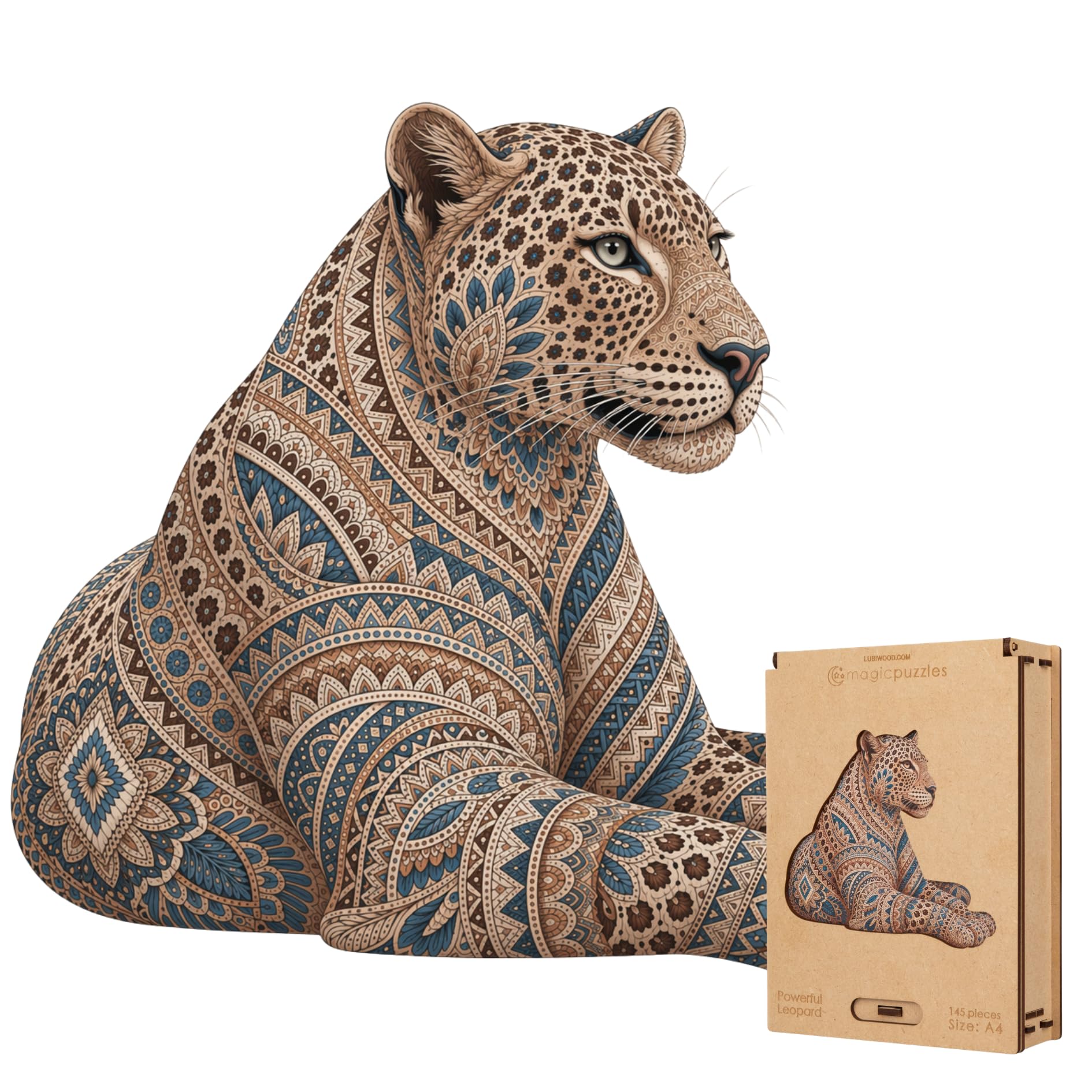 Lubiwood Unique Shaped Powerfull Leopard Wooden Puzzle (27x24 cm) - 145 Intricate Pieces, Includes Wood Gift Box - An Ideal Engaging Gift