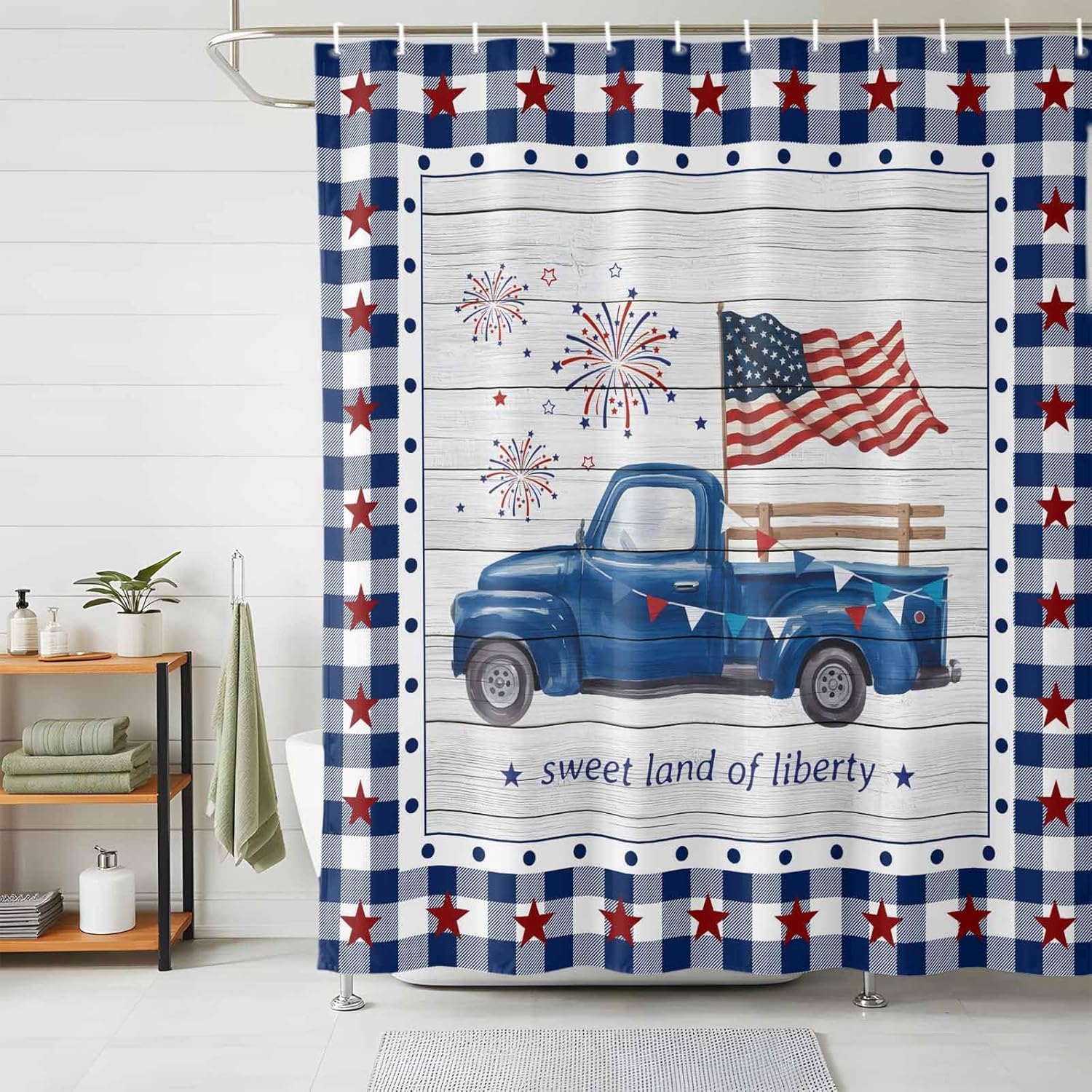 LooPoP Independence Day Truck Shower Curtain Red Farm Truck American Flag and Firework Sweet of Liberty Rustic Wood Bathroom Curtains, Polyester Fabric Shower Curtain for Bathroom 12PCS Hooks