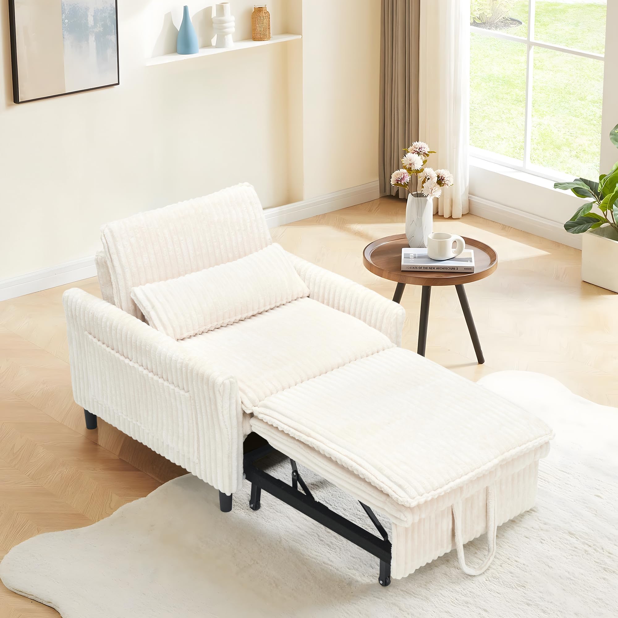 TTK 3-in-1 Convertible Corduroy Sleeper Chair – Plush Pull-Out Sofa Bed with Adjustable Backrest, Compact Recliner Lounge Chair with 360° Rotating