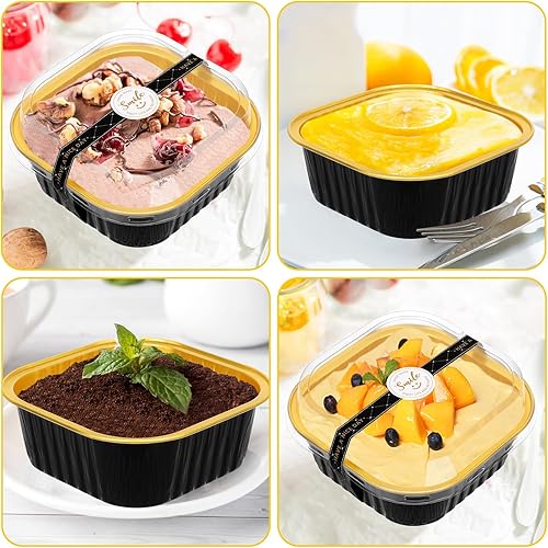 Miniatura 5 de Mini moldes para pasteles con tapas y cucharas (paquete de 50, negro, 10 onzas), moldes cuadrados para magdalenas, mini sartenes de aluminio con