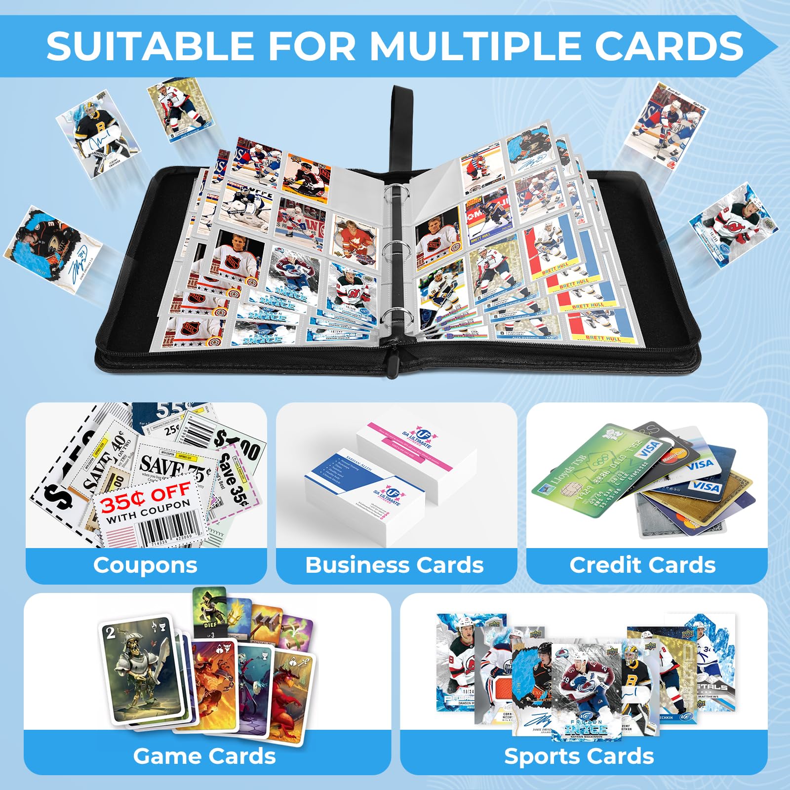 Raccoglitore di carte a 9 tasche: album per collezionisti di carte collezionabili e sportive a 900 cerniera, con 50 tasche rimovibili, porta carte per bambini, per giochi di baseball TCG NHL