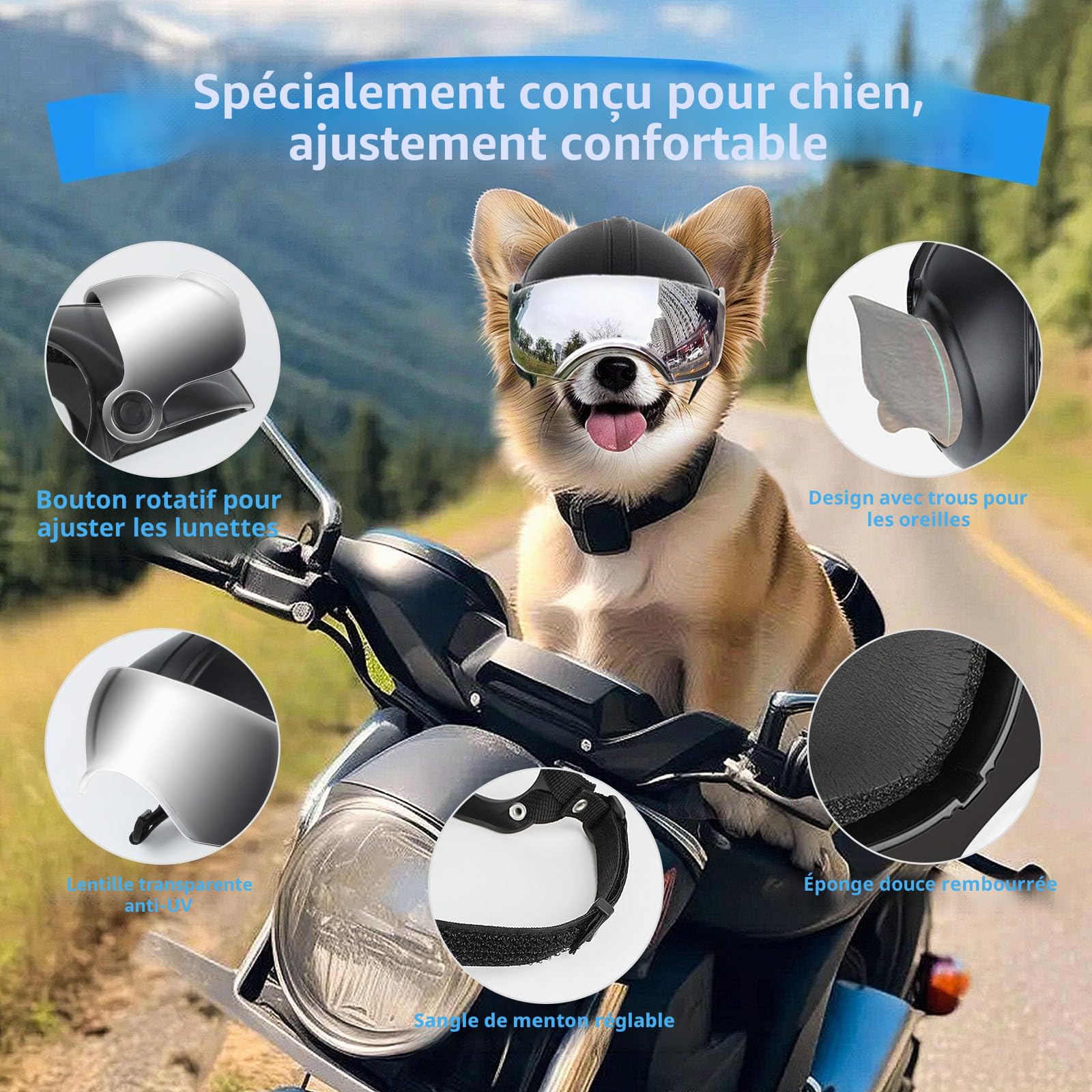 Enjoying Casque et Lunette Moto Chien, Protection UV, Casque pour Chien, Anti-Sable, pour Chiens de 7,5 à 12,5 kg, Verres Argentés
