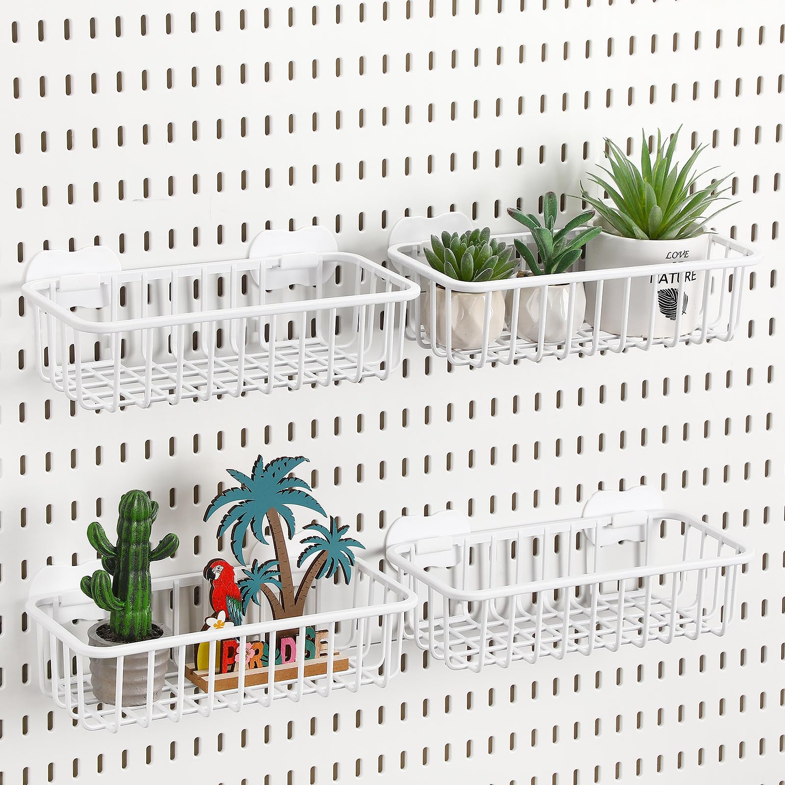 Maxdot Stecktafelkörbe mit Haken, kompatibel mit IKEA Skadis Stecktafel, Wandkörben und Körben, Aufbewahrungsbox, Behälter, Zubehör für Zuhause, Garage, Büro, 27,9 x 12,7 x 7,6 cm, Weiß, 4 Stück
